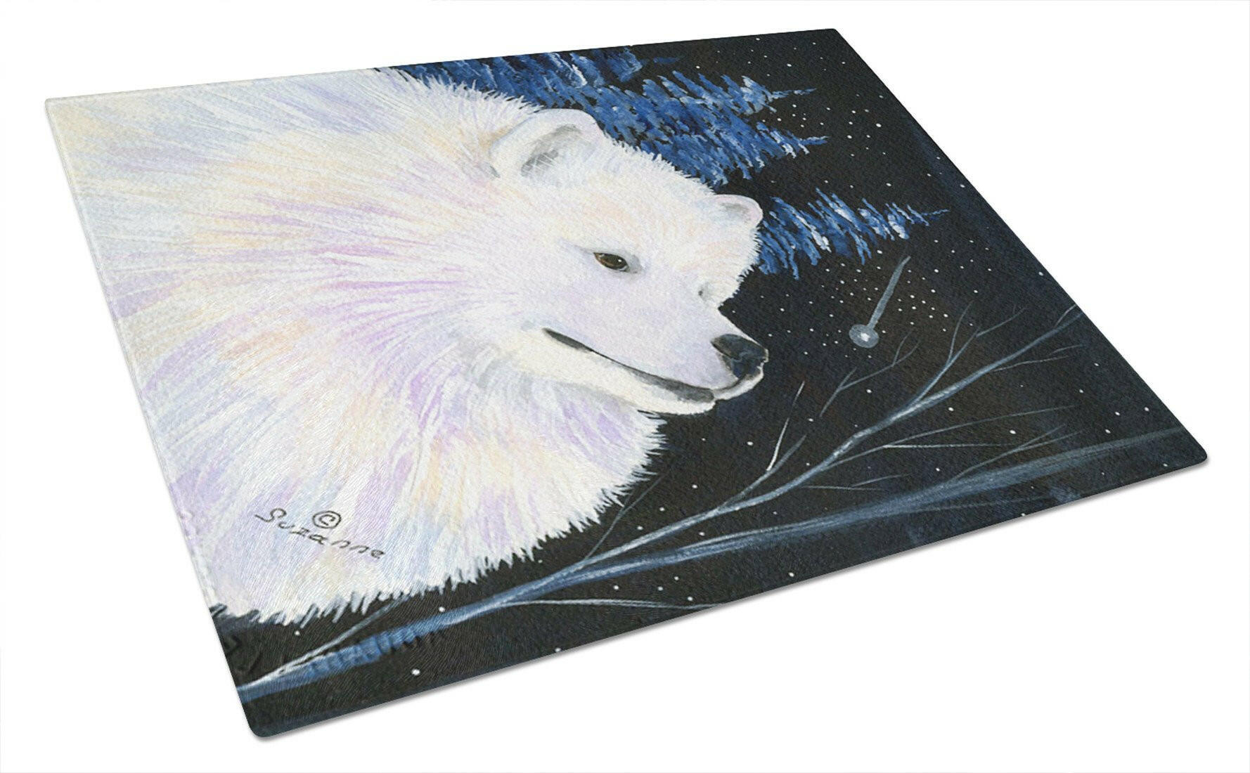 Starry Night Samoyed Cutting Board Tempered Glass Kitchen Cutting Surface, Heat Resistant Chopping, Non-Slip Feet, Food Prep & Serving