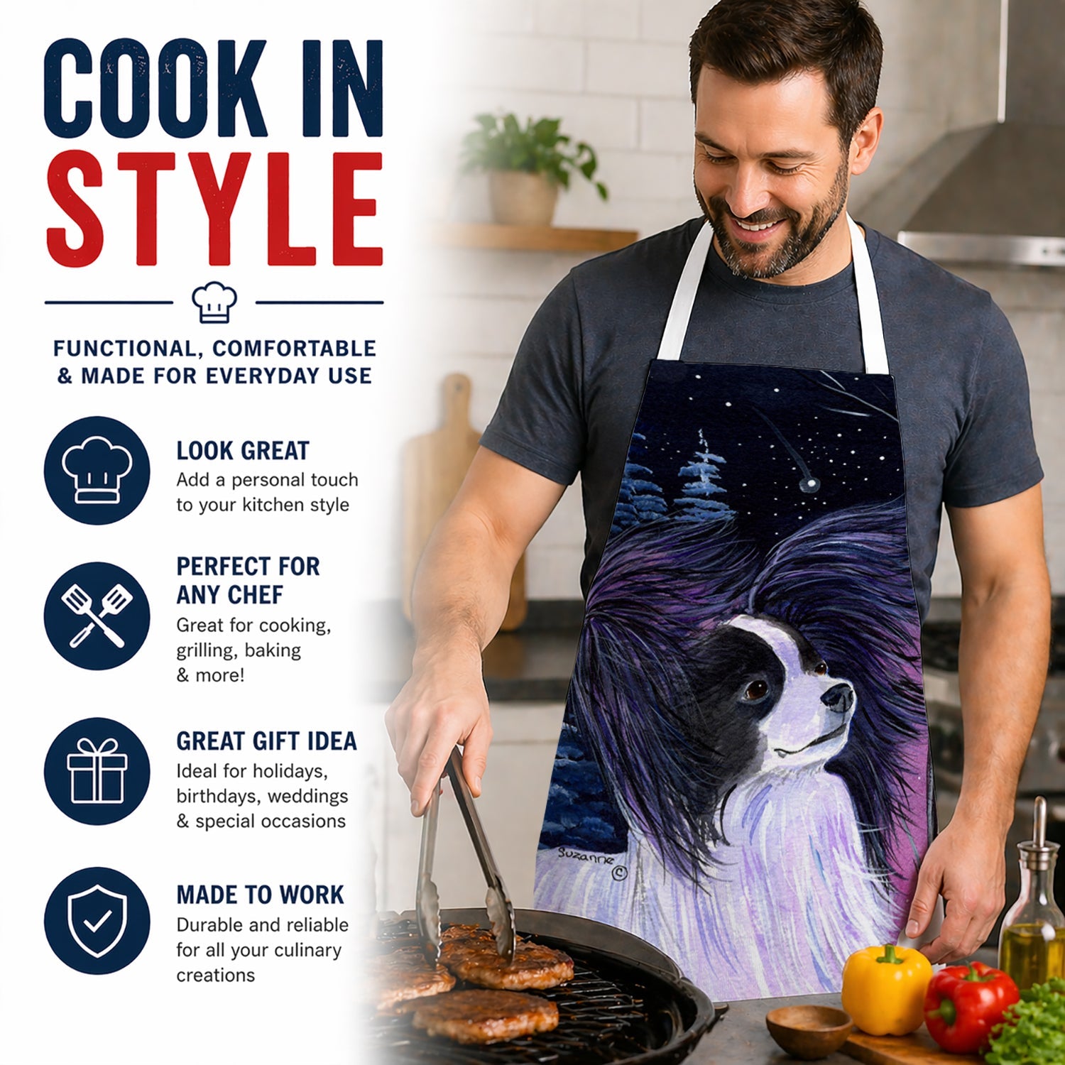 Starry Night Papillon Apron Cooking Kitchen Server Baking Crafts Gardening for Adult Women Men, Unisex, Large, Multicolor