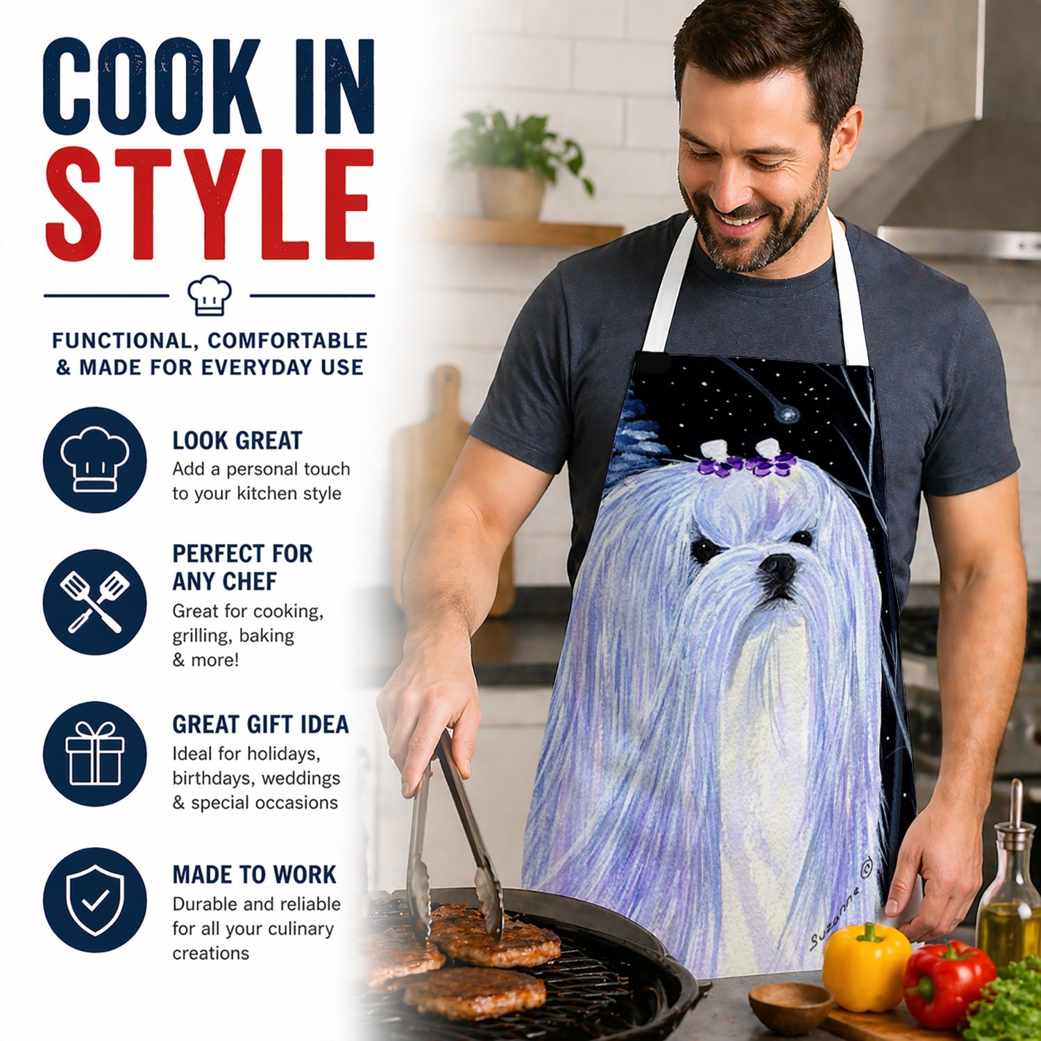 Starry Night Maltese Apron Cooking Kitchen Server Baking Crafts Gardening for Adult Women Men, Unisex, Large, Multicolor