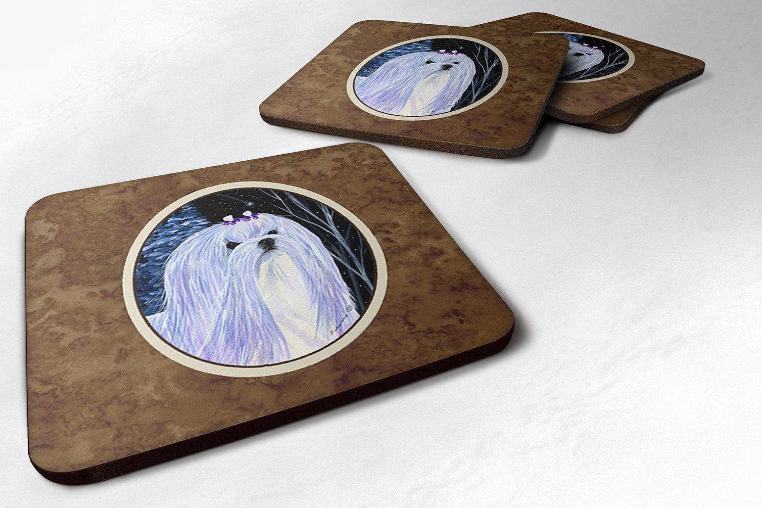Starry Night Maltese Foam Coasters Set of 4 Cup Coasters for Indoor Outdoor, Tabletop Protection, Anti Slip, Mouse pad Material