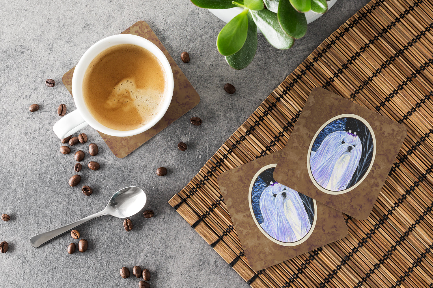 Starry Night Maltese Foam Coasters Set of 4 Cup Coasters for Indoor Outdoor, Tabletop Protection, Anti Slip, Mouse pad Material