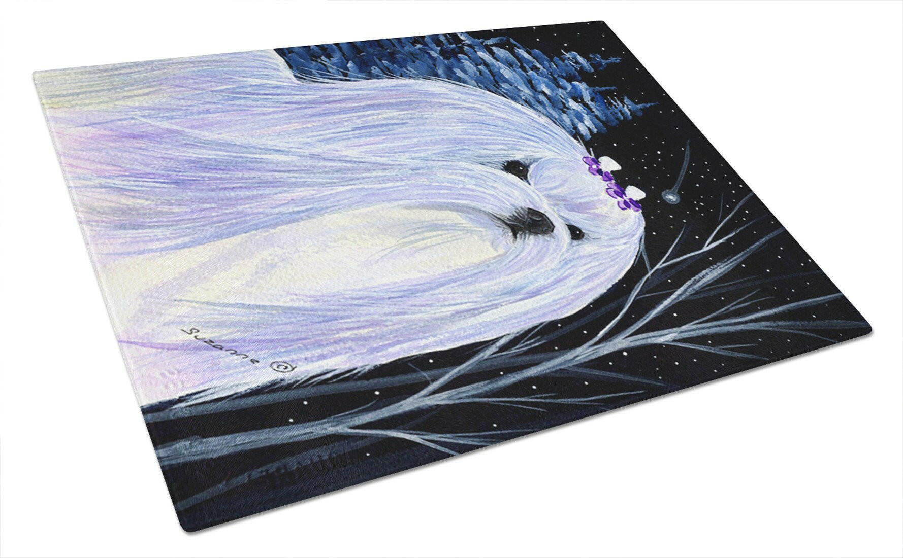 Starry Night Maltese Cutting Board Tempered Glass Kitchen Cutting Surface, Heat Resistant Chopping, Non-Slip Feet, Food Prep & Serving