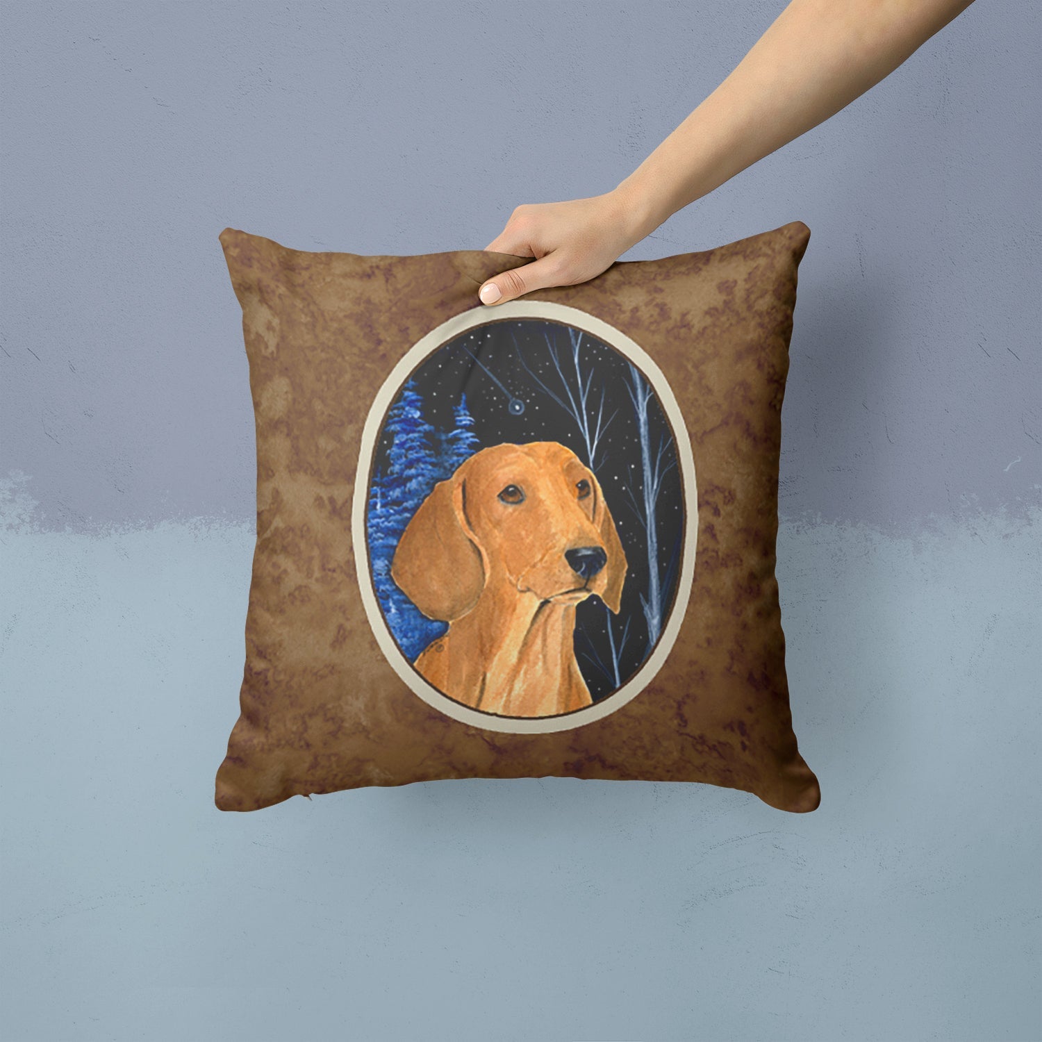 Starry Night Dachshund Decorative Throw Pillow 14x14 Indoor Outdoor Accent Cushion, Fabric Cover with Insert for Sofa, Bed, Porch & Living Room