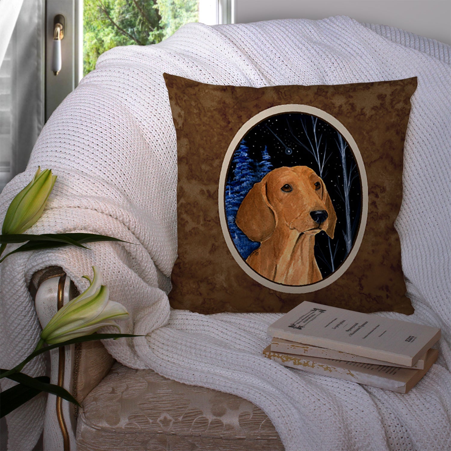 Starry Night Dachshund Decorative Throw Pillow 14x14 Indoor Outdoor Accent Cushion, Fabric Cover with Insert for Sofa, Bed, Porch & Living Room