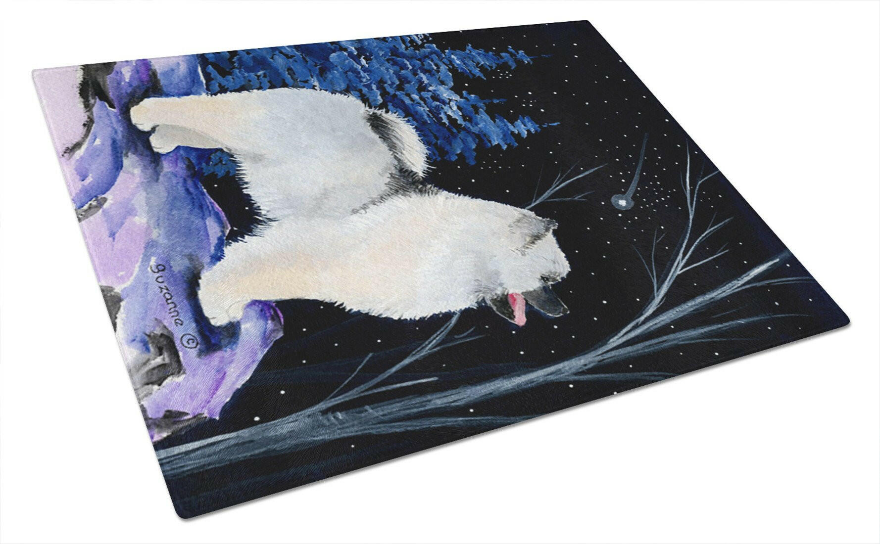 Starry Night Keeshond Cutting Board Tempered Glass Kitchen Cutting Surface, Heat Resistant Chopping, Non-Slip Feet, Food Prep & Serving