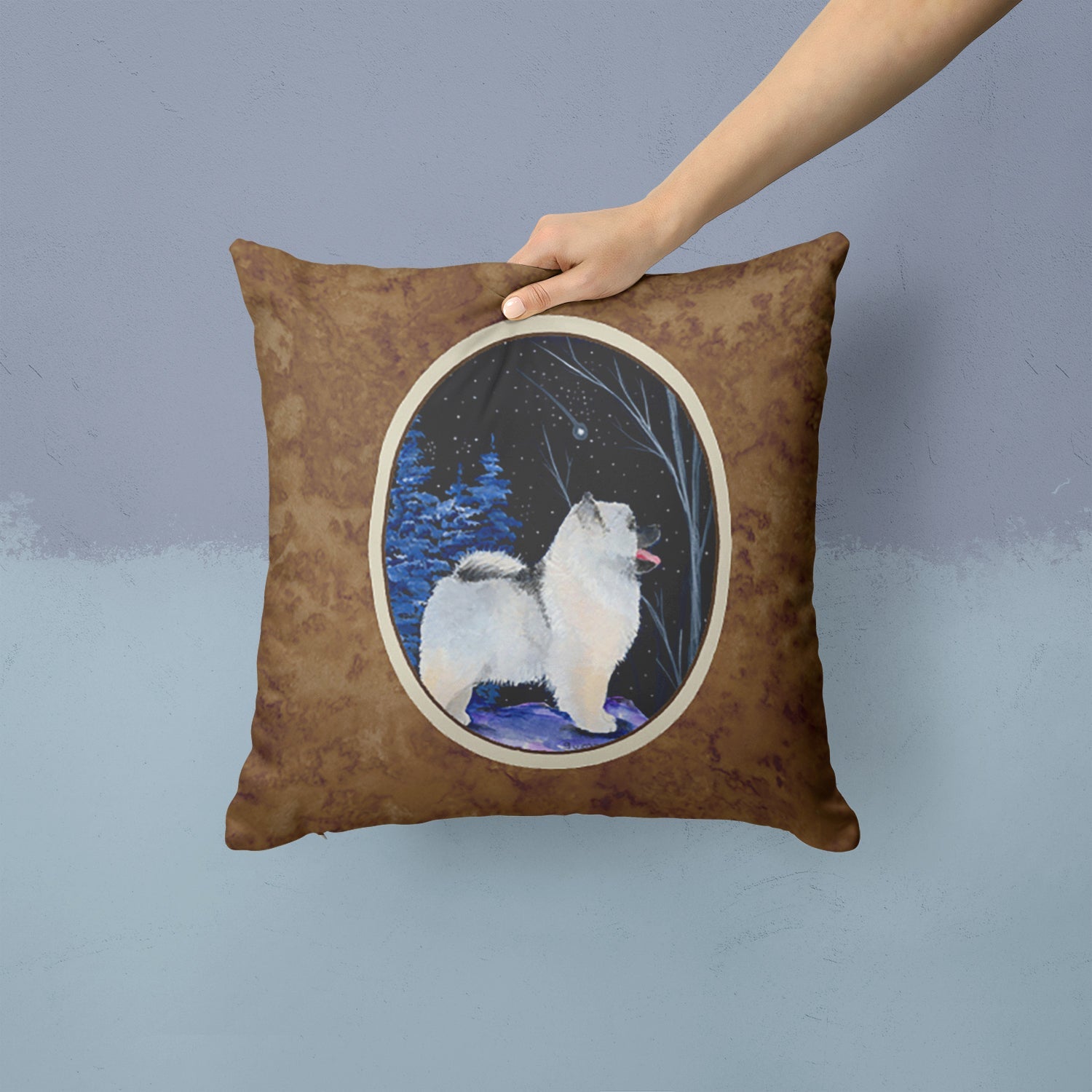 Starry Night Keeshond Decorative Throw Pillow 14x14 Indoor Outdoor Accent Cushion, Fabric Cover with Insert for Sofa, Bed, Porch & Living Room