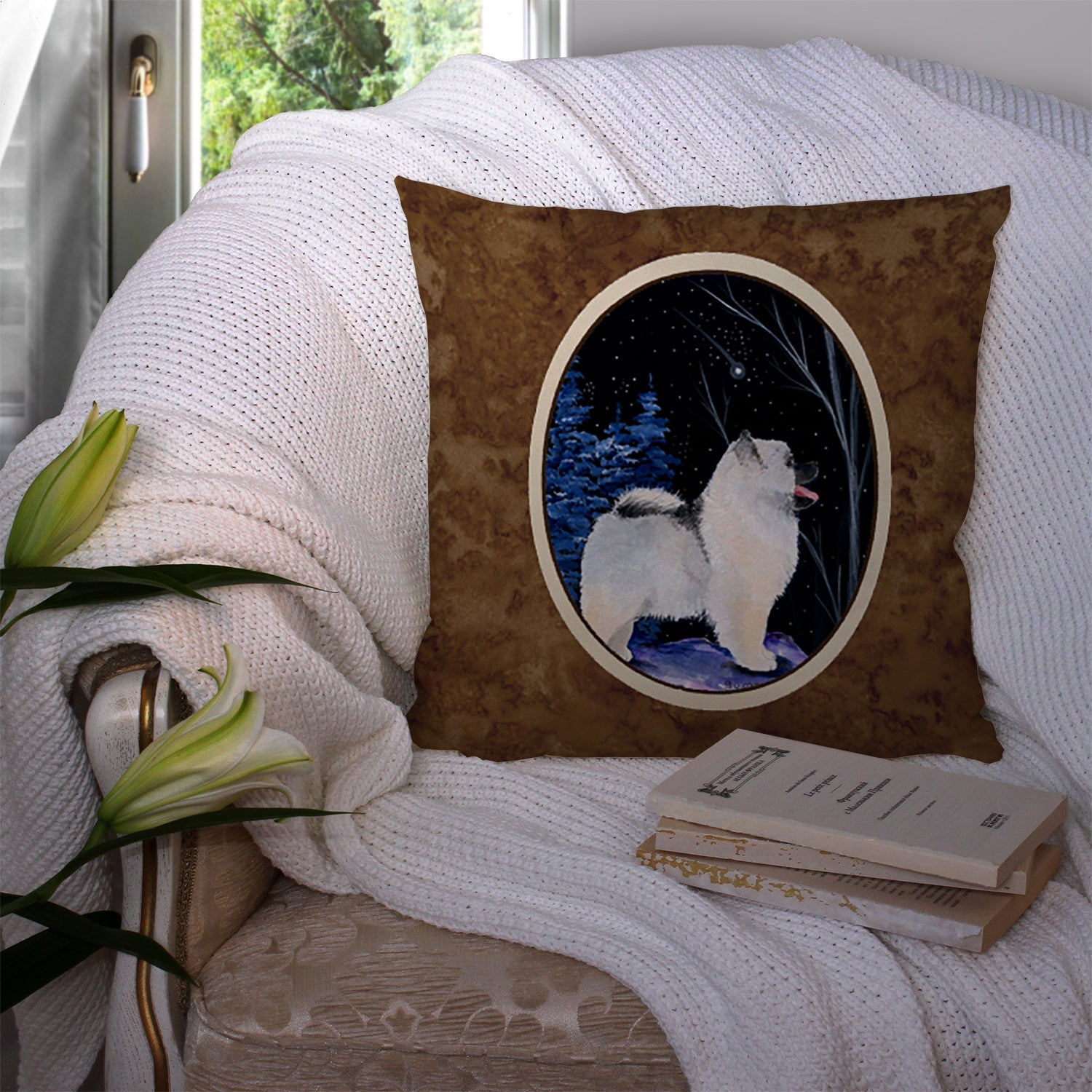 Starry Night Keeshond Decorative Throw Pillow 14x14 Indoor Outdoor Accent Cushion, Fabric Cover with Insert for Sofa, Bed, Porch & Living Room