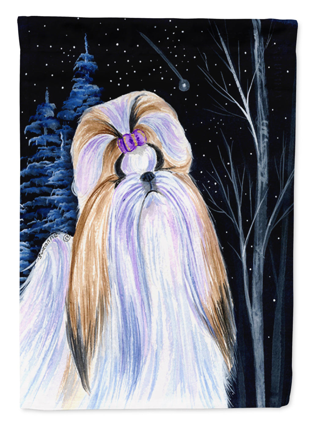 Starry Night Shih Tzu House Flag 28x40 Porch Sleeve Pole Decorative Outside Yard Banner Artwork Wall Hanging, Polyester