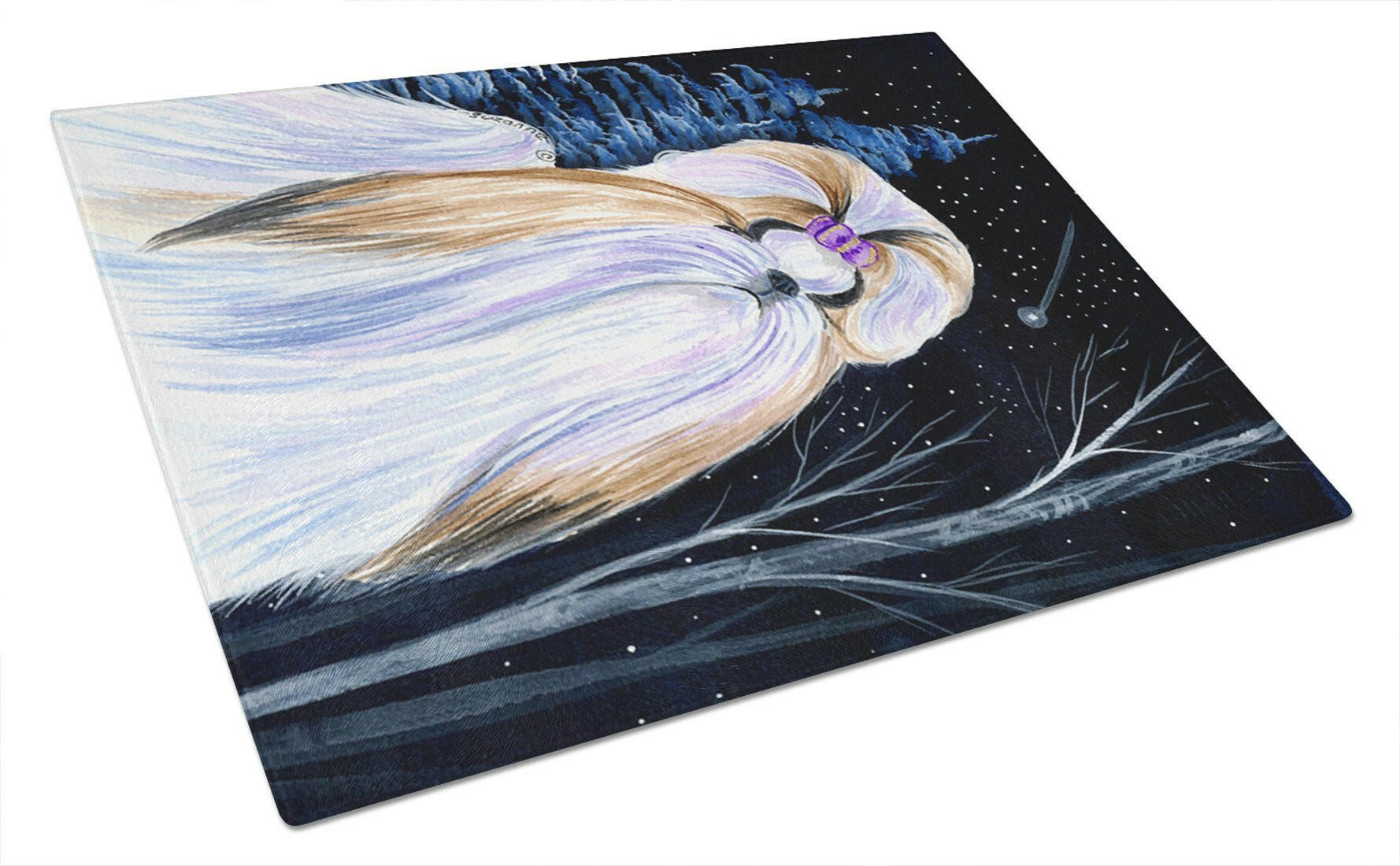 Starry Night Shih Tzu Cutting Board Tempered Glass Kitchen Cutting Surface, Heat Resistant Chopping, Non-Slip Feet, Food Prep & Serving