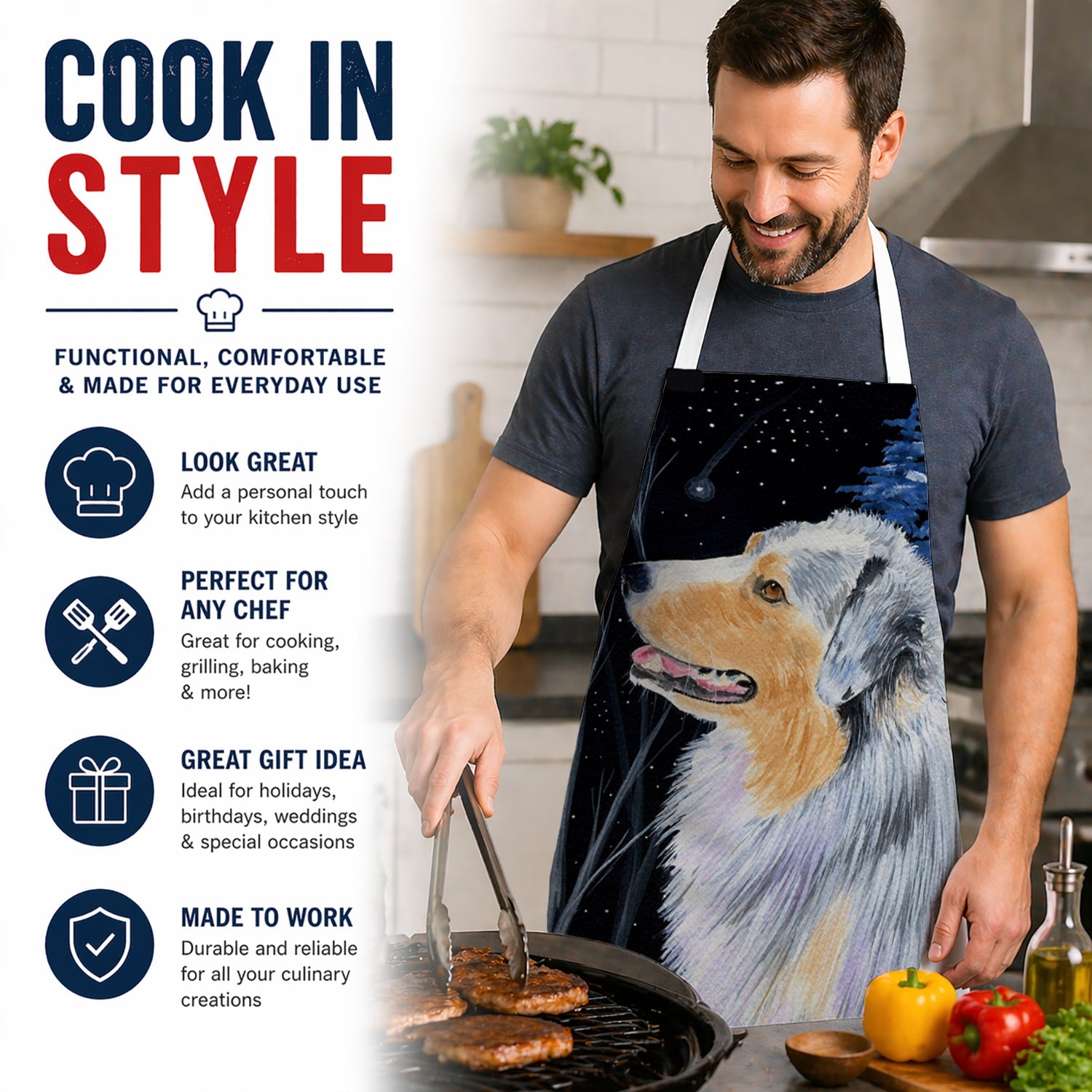 Starry Night Australian Shepherd Apron Cooking Kitchen Server Baking Crafts Gardening for Adult Women Men, Unisex, Large, Multicolor