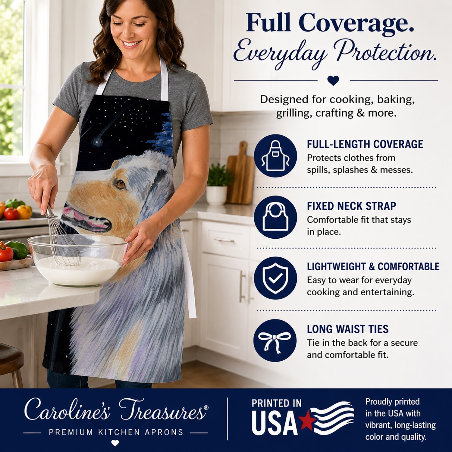 Starry Night Australian Shepherd Apron Cooking Kitchen Server Baking Crafts Gardening for Adult Women Men, Unisex, Large, Multicolor