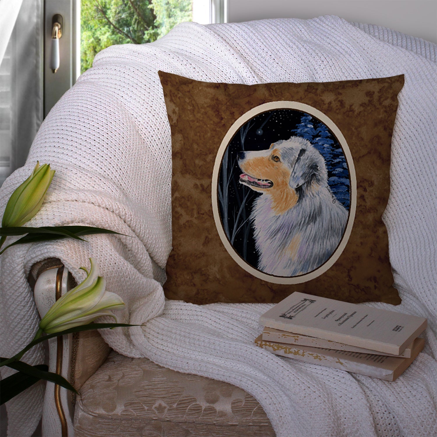 Starry Night Australian Shepherd Decorative Throw Pillow 14x14 Indoor Outdoor Accent Cushion, Fabric Cover with Insert for Sofa, Bed, Porch & Living Room