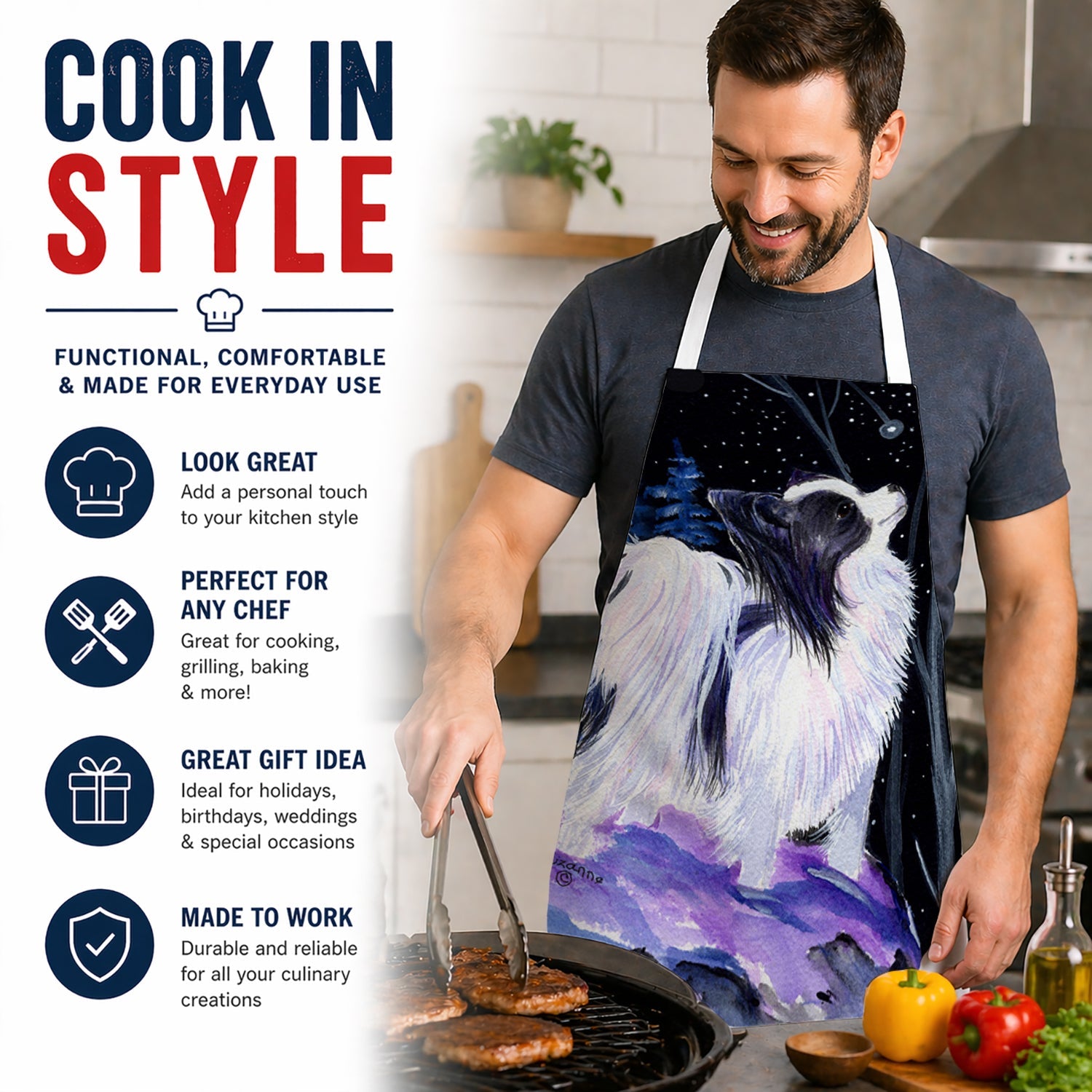 Starry Night Papillon Apron Cooking Kitchen Server Baking Crafts Gardening for Adult Women Men, Unisex, Large, Multicolor