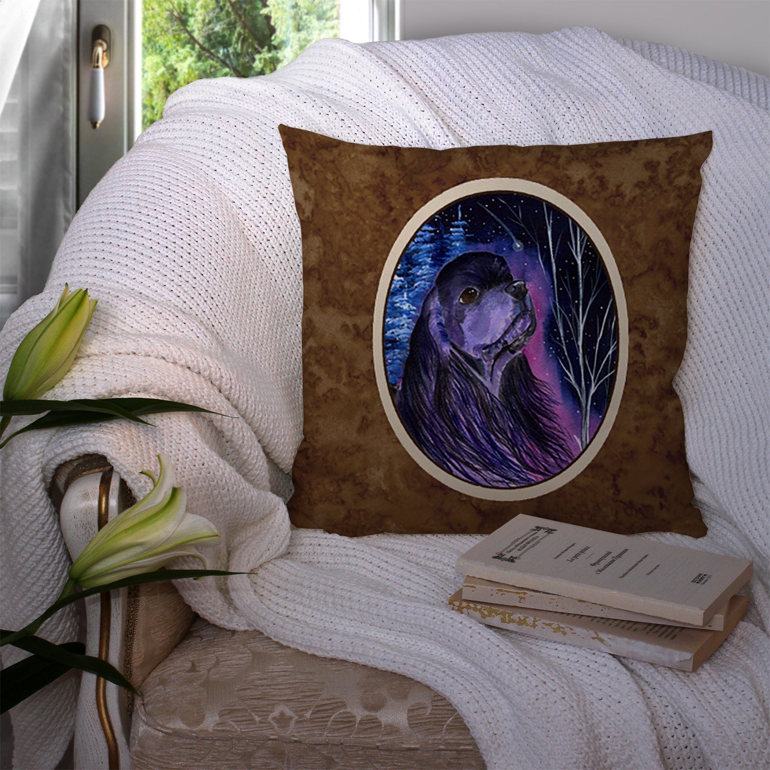 Starry Night Cocker Spaniel Decorative Throw Pillow 14x14 Indoor Outdoor Accent Cushion, Fabric Cover with Insert for Sofa, Bed, Porch & Living Room