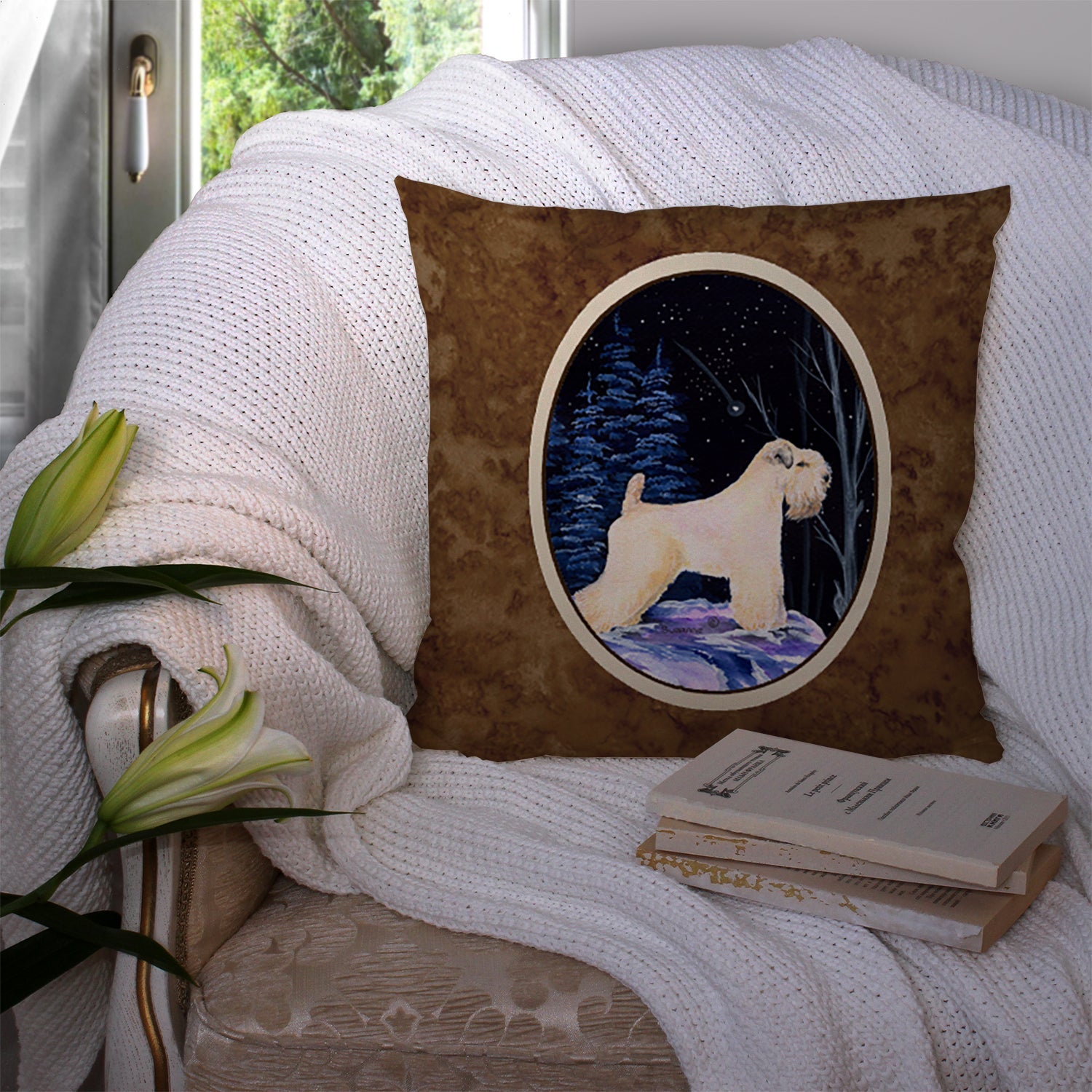 Starry Night Wheaten Terrier Soft Coated Decorative Throw Pillow 14x14 Indoor Outdoor Accent Cushion, Fabric Cover with Insert for Sofa, Bed, Porch & Living Room