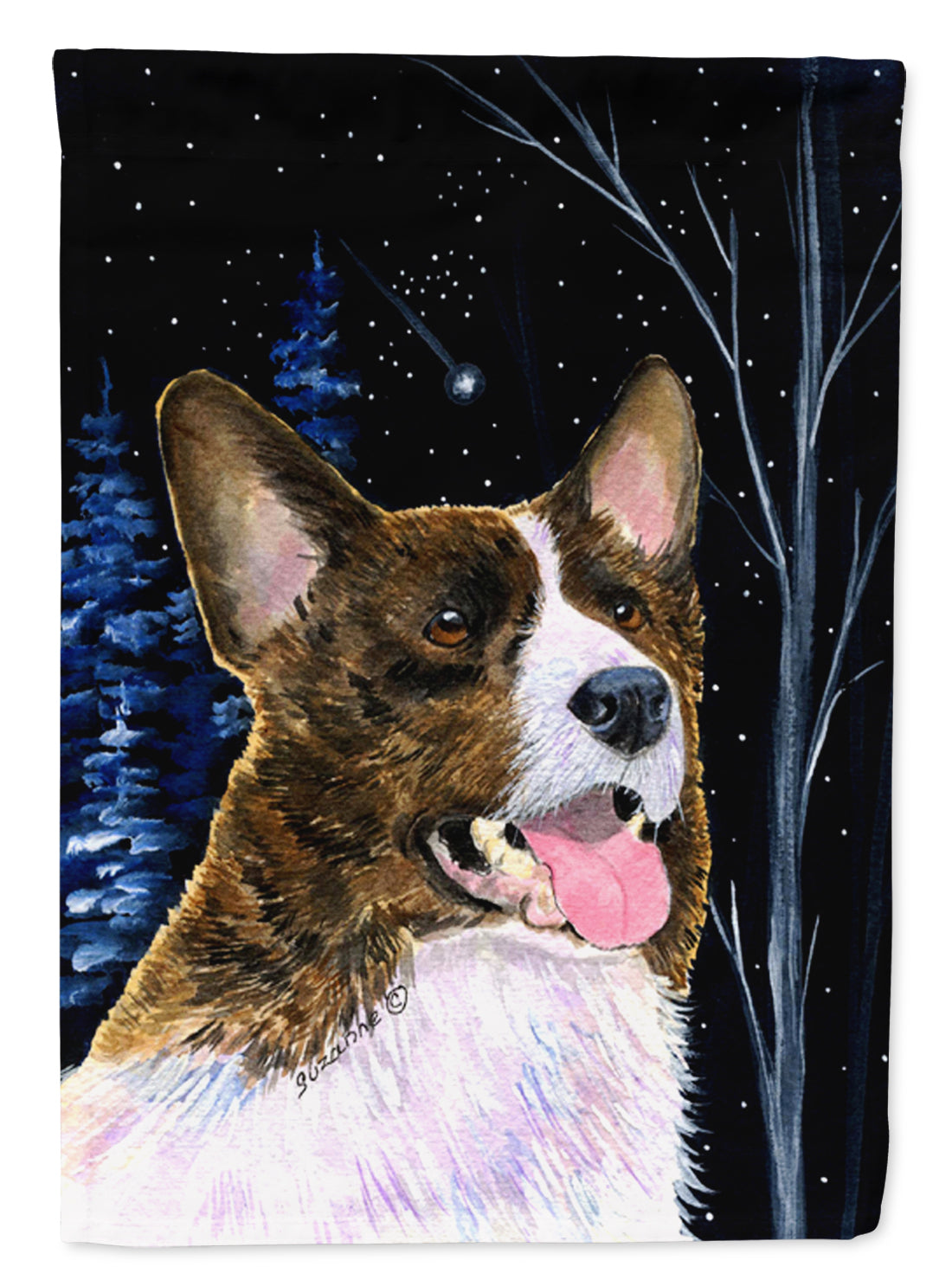 Starry Night Corgi House Flag 28x40 Porch Sleeve Pole Decorative Outside Yard Banner Artwork Wall Hanging, Polyester
