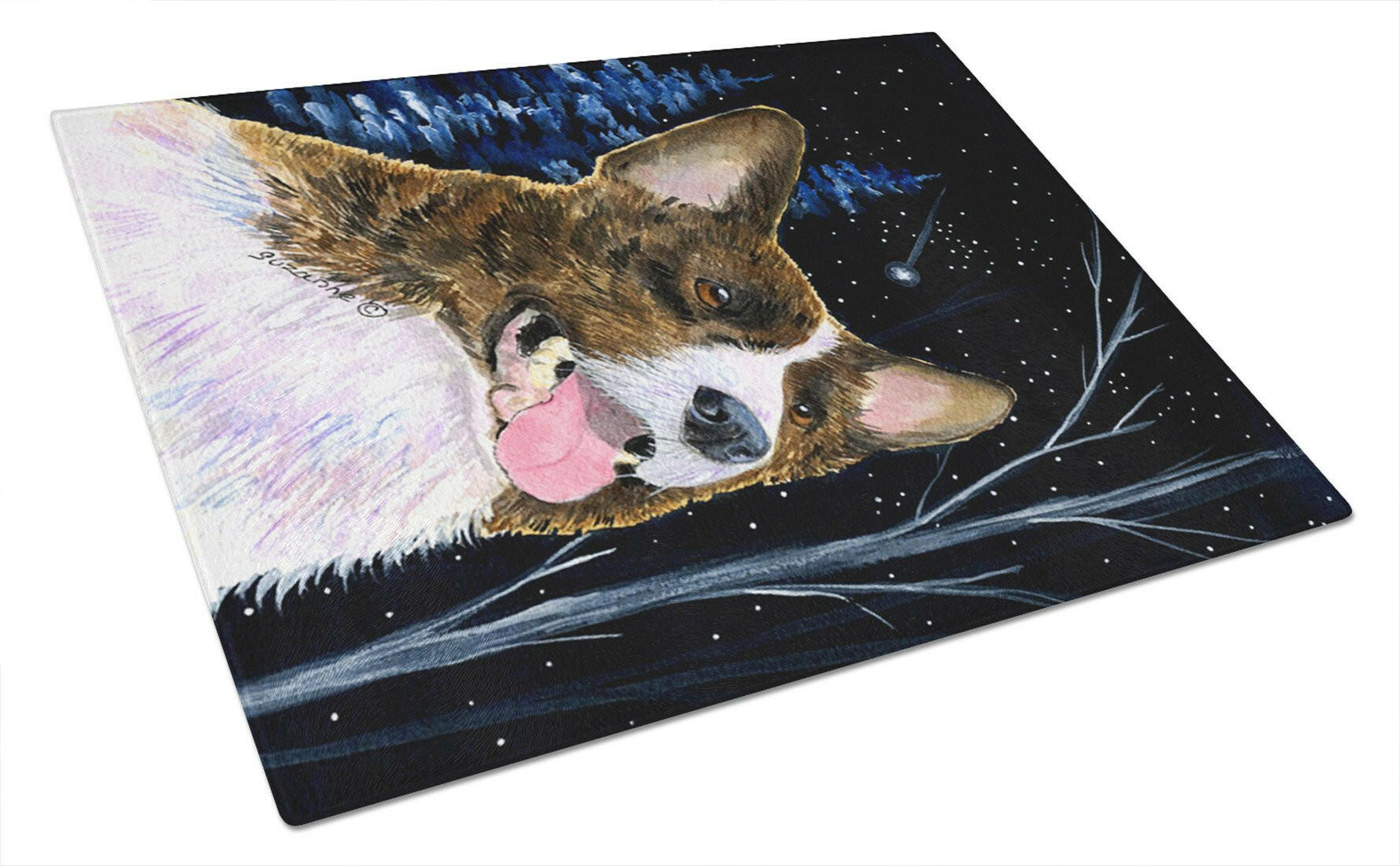 Starry Night Corgi Cutting Board Tempered Glass Kitchen Cutting Surface, Heat Resistant Chopping, Non-Slip Feet, Food Prep & Serving