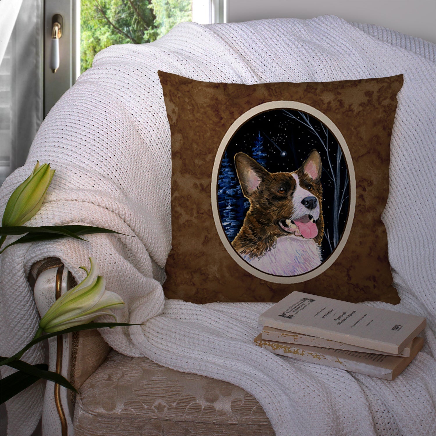 Starry Night Corgi Decorative Throw Pillow 14x14 Indoor Outdoor Accent Cushion, Fabric Cover with Insert for Sofa, Bed, Porch & Living Room
