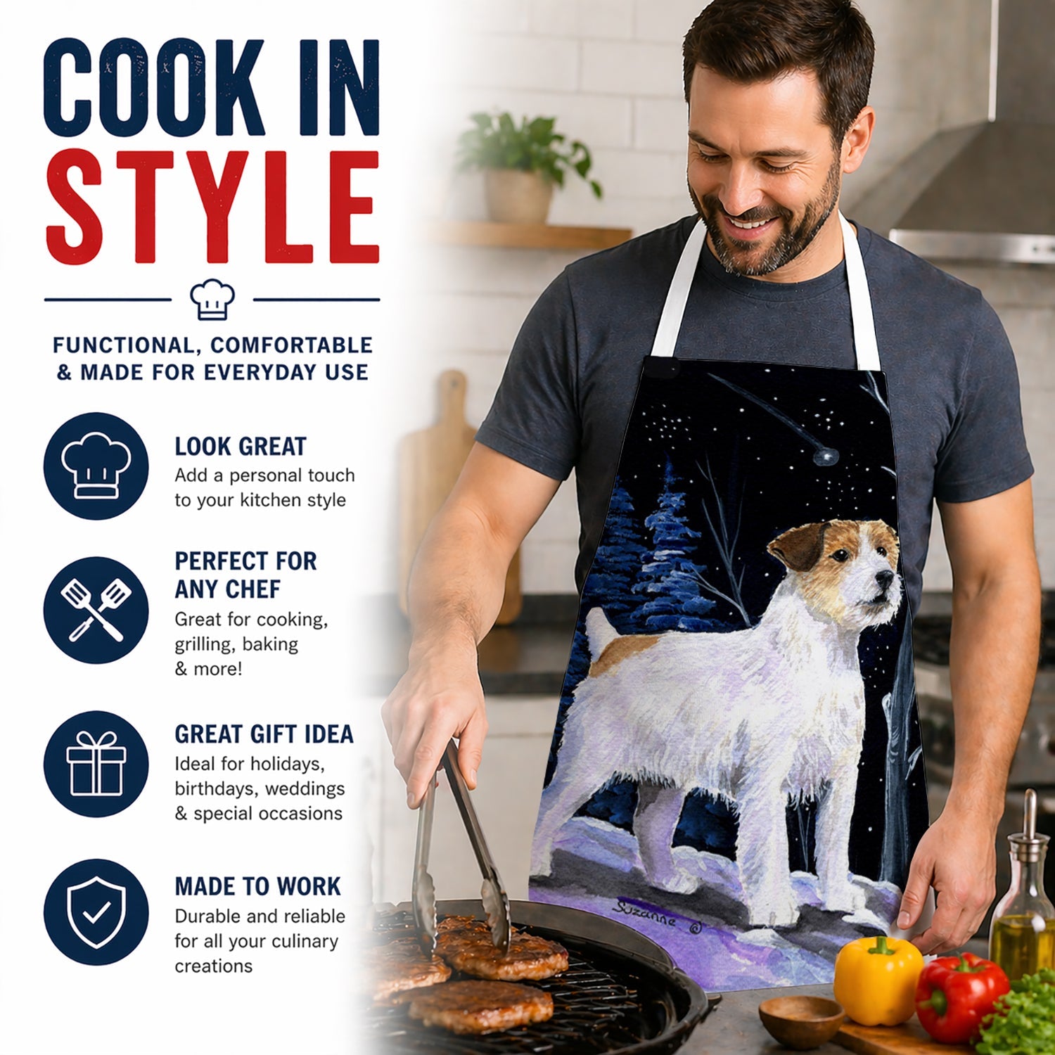 Starry Night Jack Russell Terrier Apron Cooking Kitchen Server Baking Crafts Gardening for Adult Women Men, Unisex, Large, Multicolor