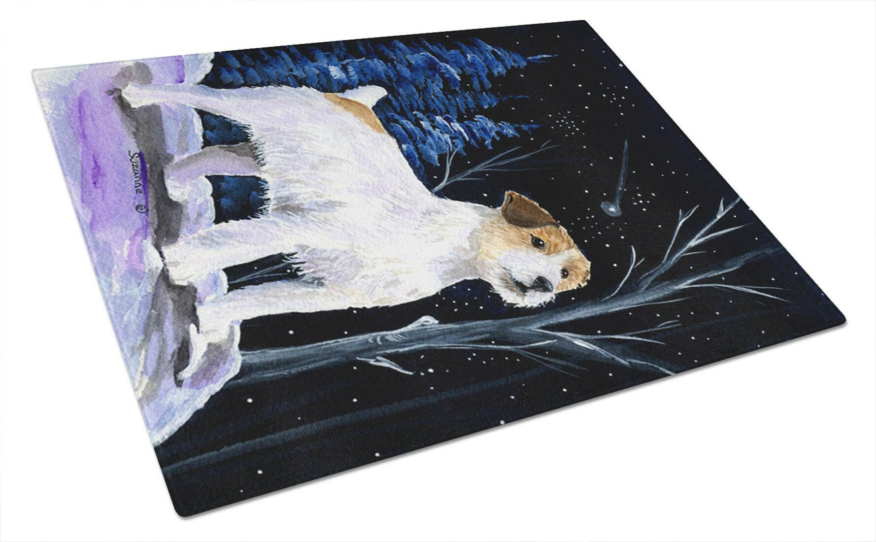 Starry Night Jack Russell Terrier Cutting Board Tempered Glass Kitchen Cutting Surface, Heat Resistant Chopping, Non-Slip Feet, Food Prep & Serving