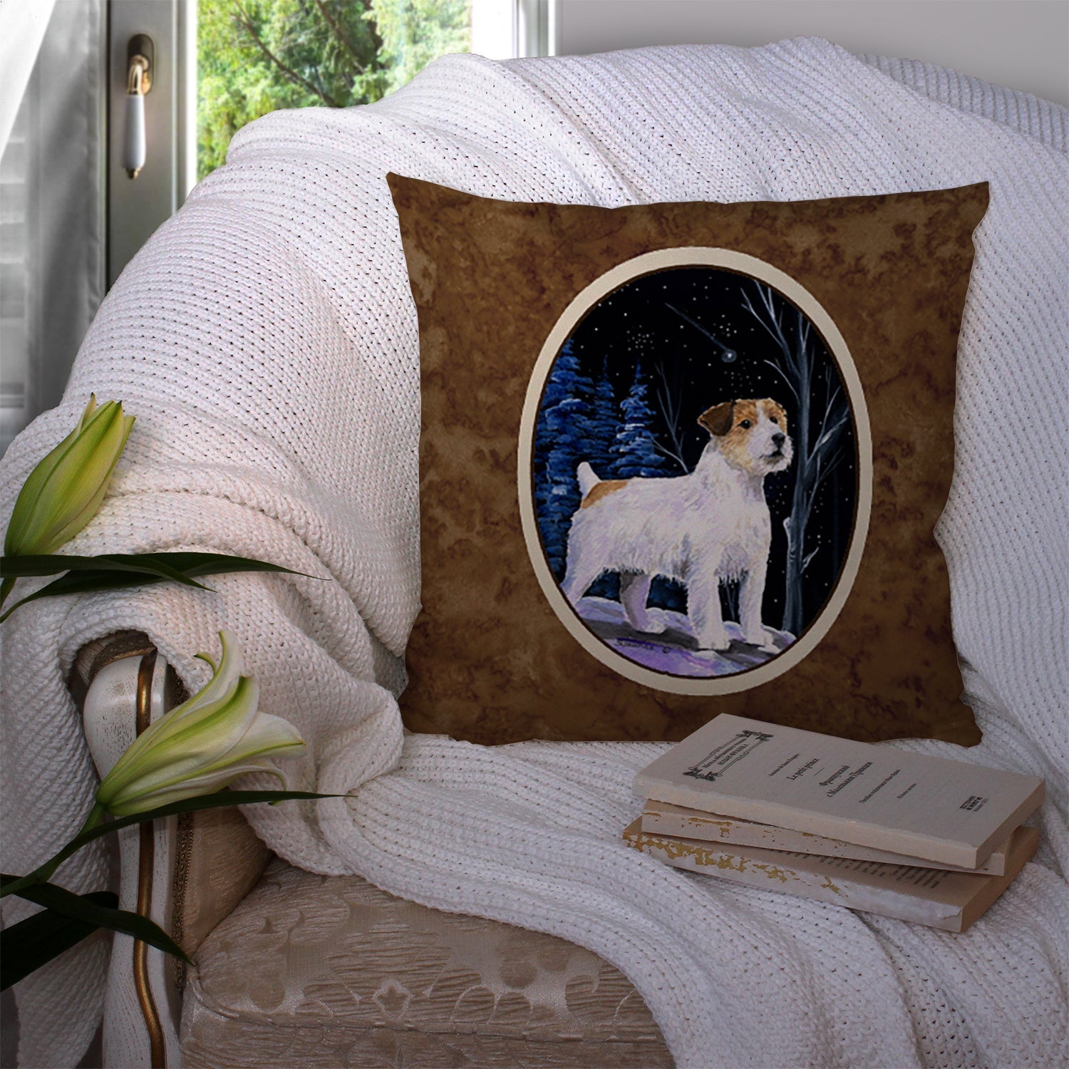 Starry Night Jack Russell Terrier Decorative Throw Pillow 14x14 Indoor Outdoor Accent Cushion, Fabric Cover with Insert for Sofa, Bed, Porch & Living Room