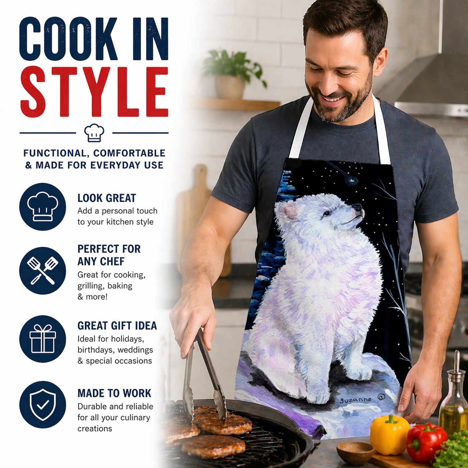 Starry Night American Eskimo Apron Cooking Kitchen Server Baking Crafts Gardening for Adult Women Men, Unisex, Large, Multicolor