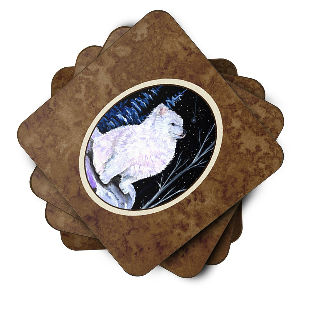 Starry Night American Eskimo Foam Coasters Set of 4 Cup Coasters for Indoor Outdoor, Tabletop Protection, Anti Slip, Mouse pad Material