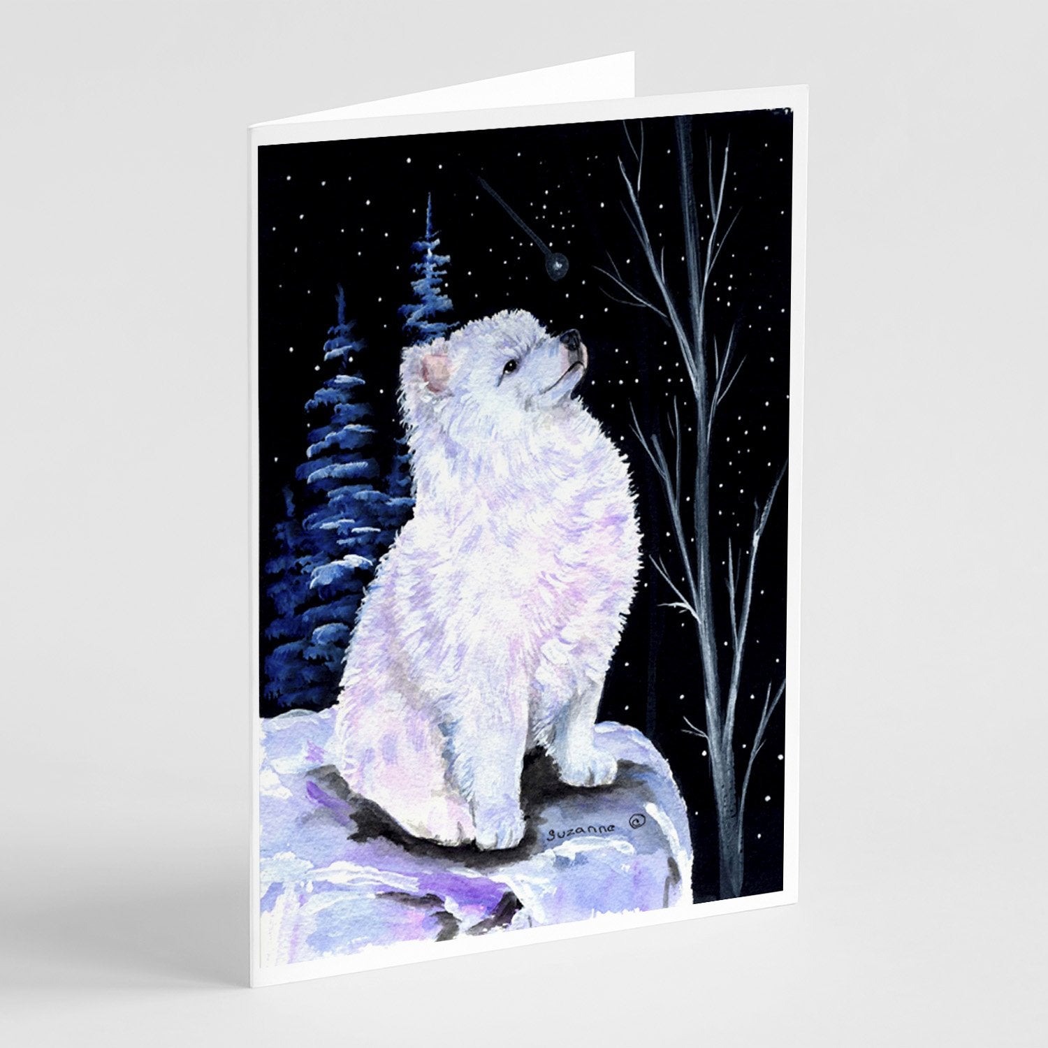 Starry Night American Eskimo Greeting Cards Pack of 8 Blank Cards with Envelopes Whimsical A7 Size 5x7