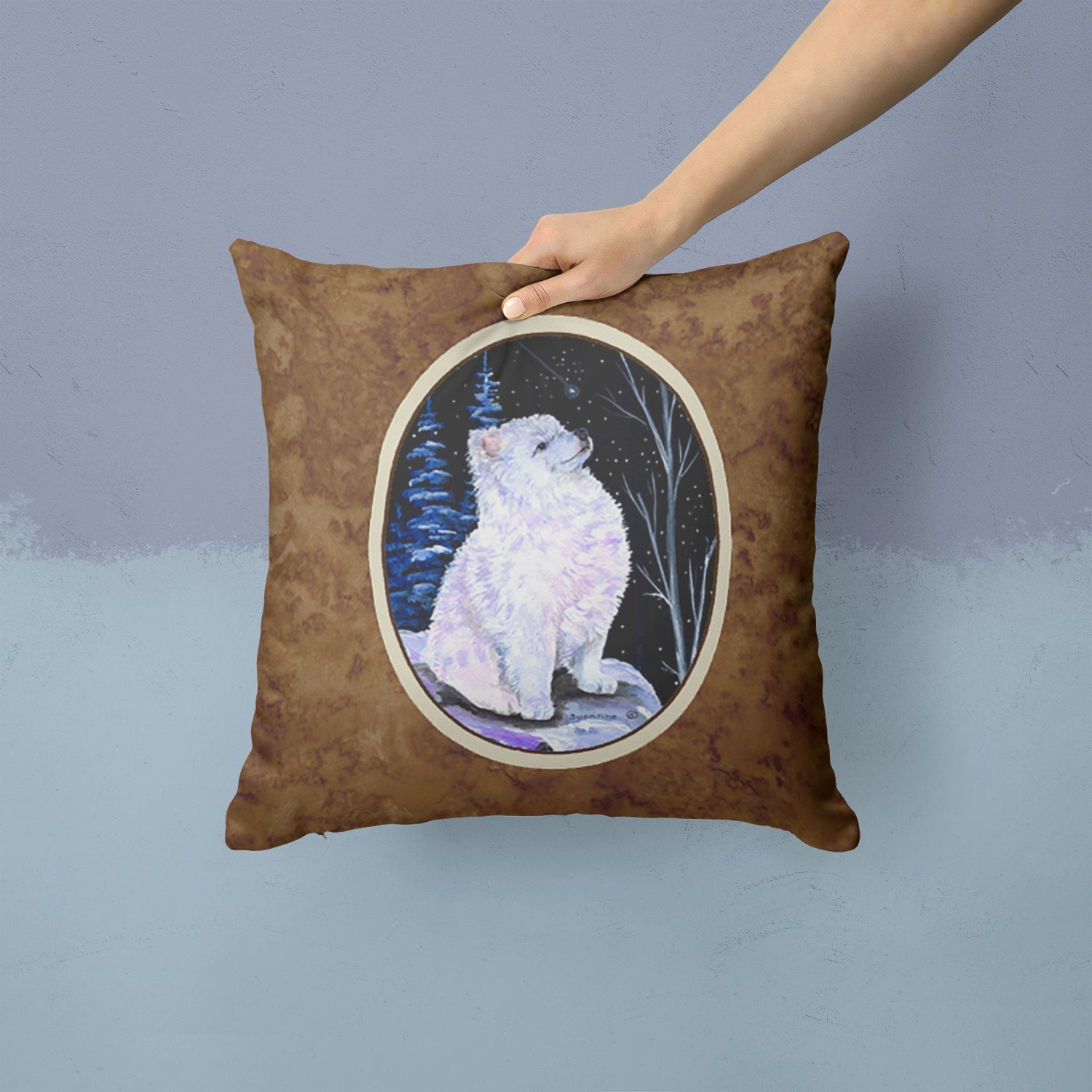 Starry Night American Eskimo Decorative Throw Pillow 14x14 Indoor Outdoor Accent Cushion, Fabric Cover with Insert for Sofa, Bed, Porch & Living Room