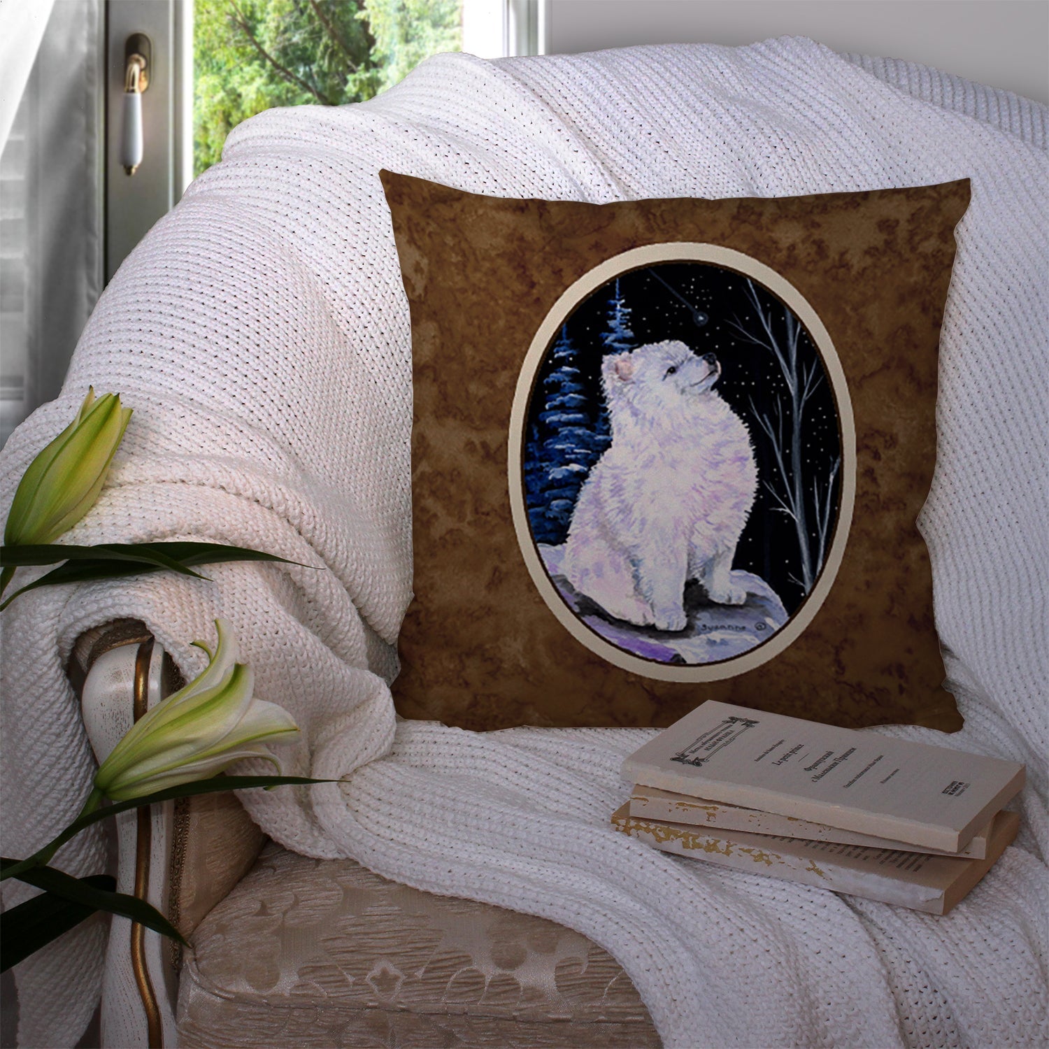 Starry Night American Eskimo Decorative Throw Pillow 14x14 Indoor Outdoor Accent Cushion, Fabric Cover with Insert for Sofa, Bed, Porch & Living Room