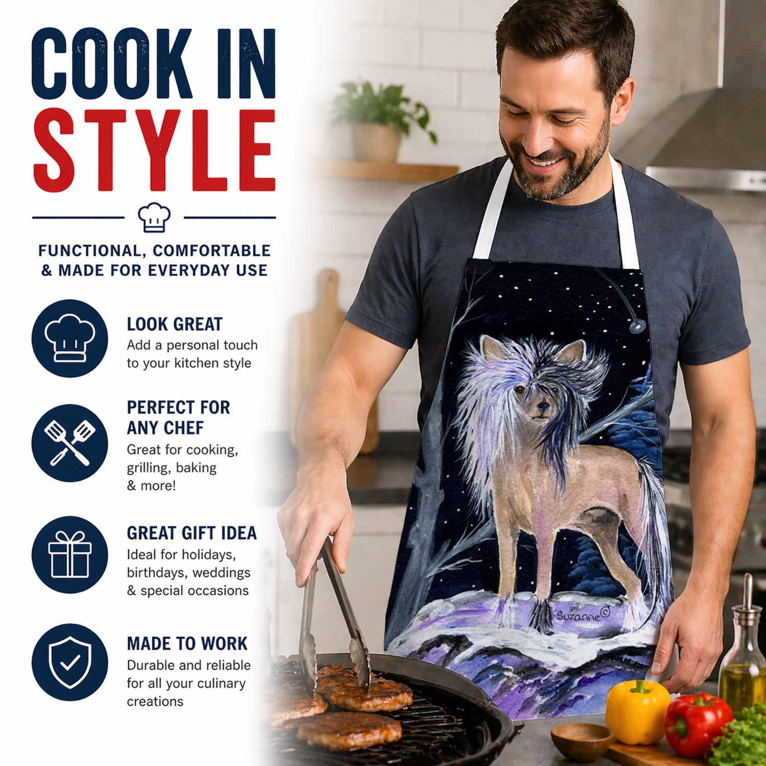 Starry Night Chinese Crested Apron Cooking Kitchen Server Baking Crafts Gardening for Adult Women Men, Unisex, Large, Multicolor