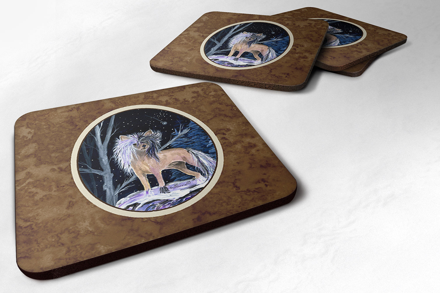 Starry Night Chinese Crested Foam Coasters Set of 4 Cup Coasters for Indoor Outdoor, Tabletop Protection, Anti Slip, Mouse pad Material