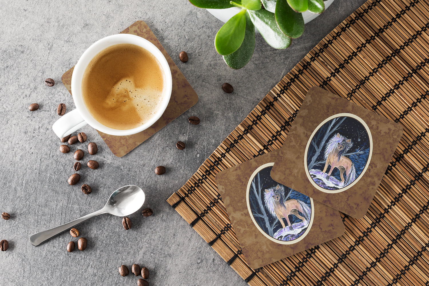 Starry Night Chinese Crested Foam Coasters Set of 4 Cup Coasters for Indoor Outdoor, Tabletop Protection, Anti Slip, Mouse pad Material