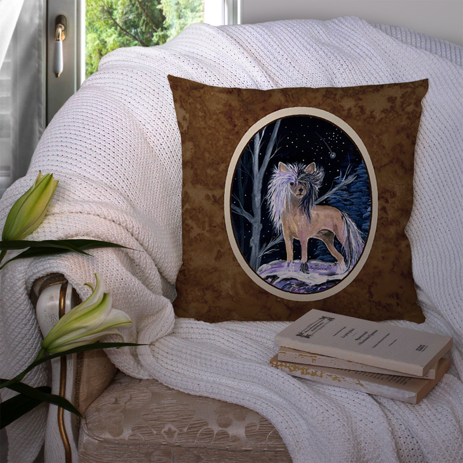 Starry Night Chinese Crested Decorative Throw Pillow 14x14 Indoor Outdoor Accent Cushion, Fabric Cover with Insert for Sofa, Bed, Porch & Living Room