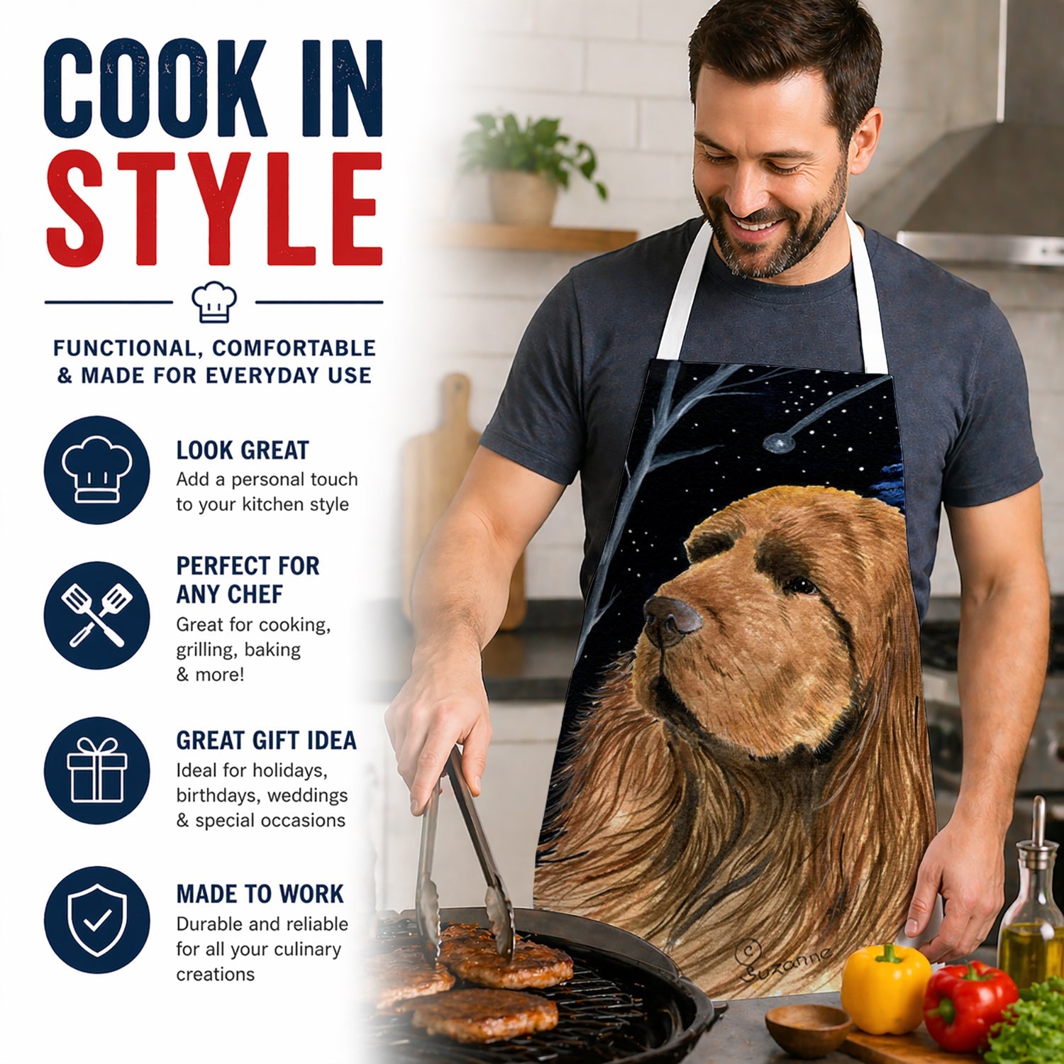 Starry Night Sussex Spaniel Apron Cooking Kitchen Server Baking Crafts Gardening for Adult Women Men, Unisex, Large, Multicolor