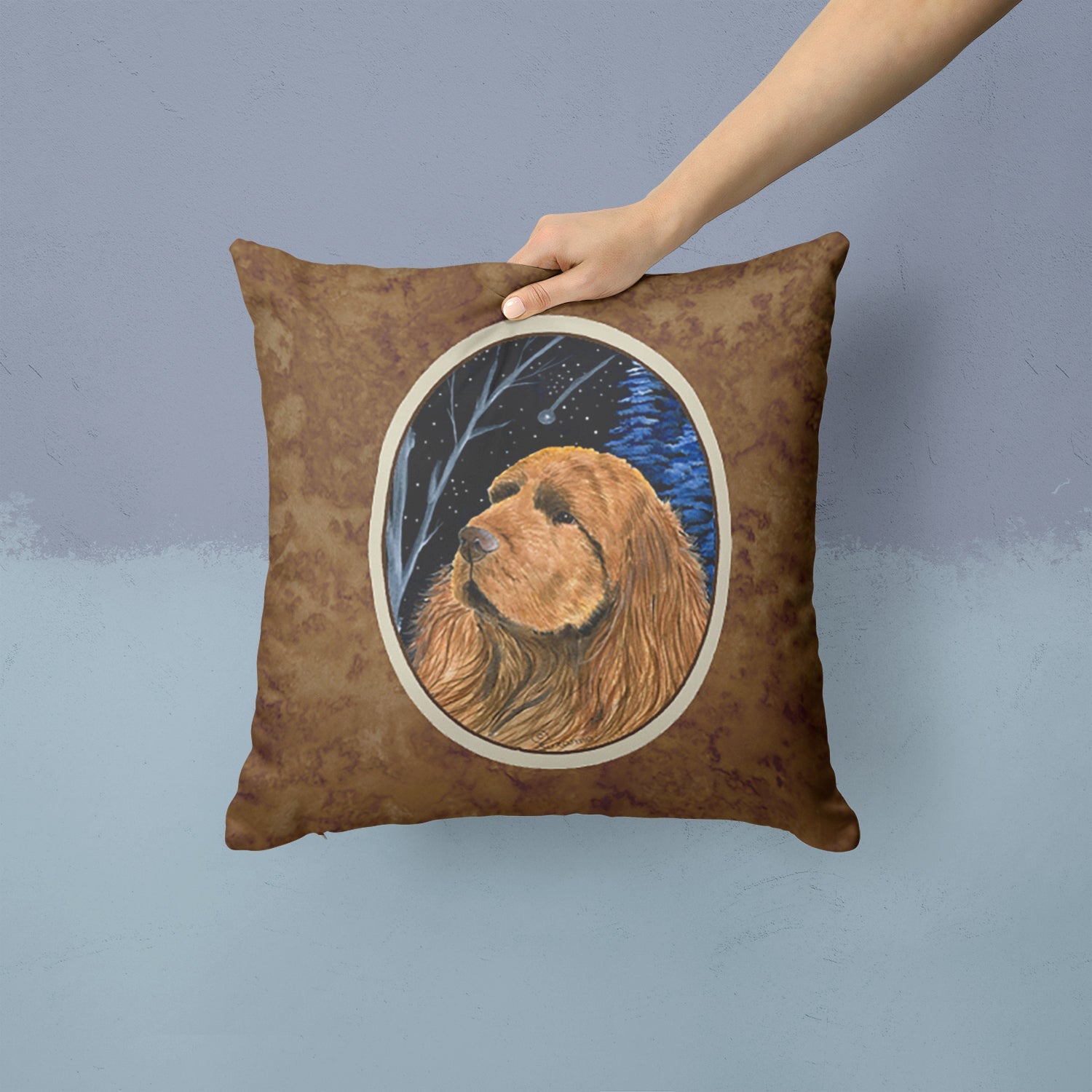Starry Night Sussex Spaniel Decorative Throw Pillow 14x14 Indoor Outdoor Accent Cushion, Fabric Cover with Insert for Sofa, Bed, Porch & Living Room