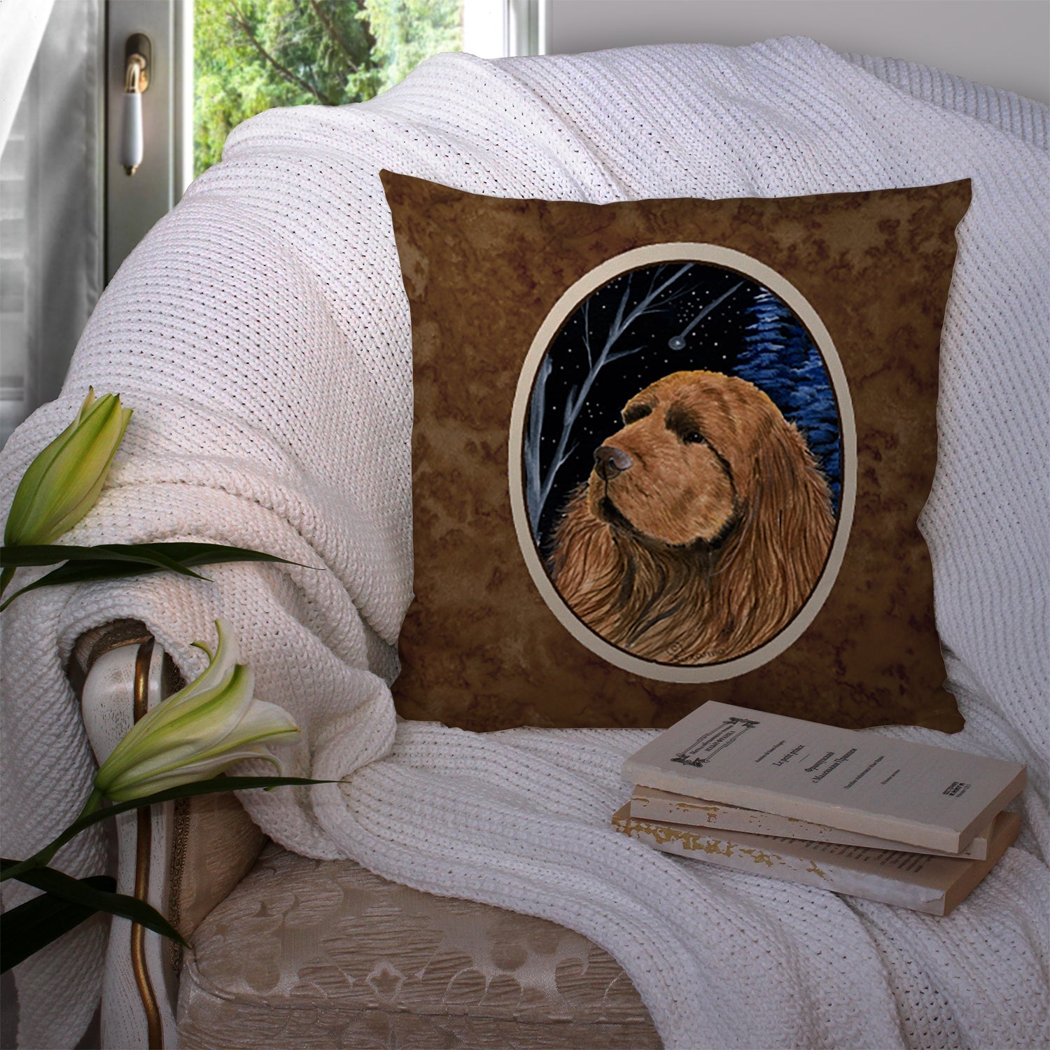 Starry Night Sussex Spaniel Decorative Throw Pillow 14x14 Indoor Outdoor Accent Cushion, Fabric Cover with Insert for Sofa, Bed, Porch & Living Room