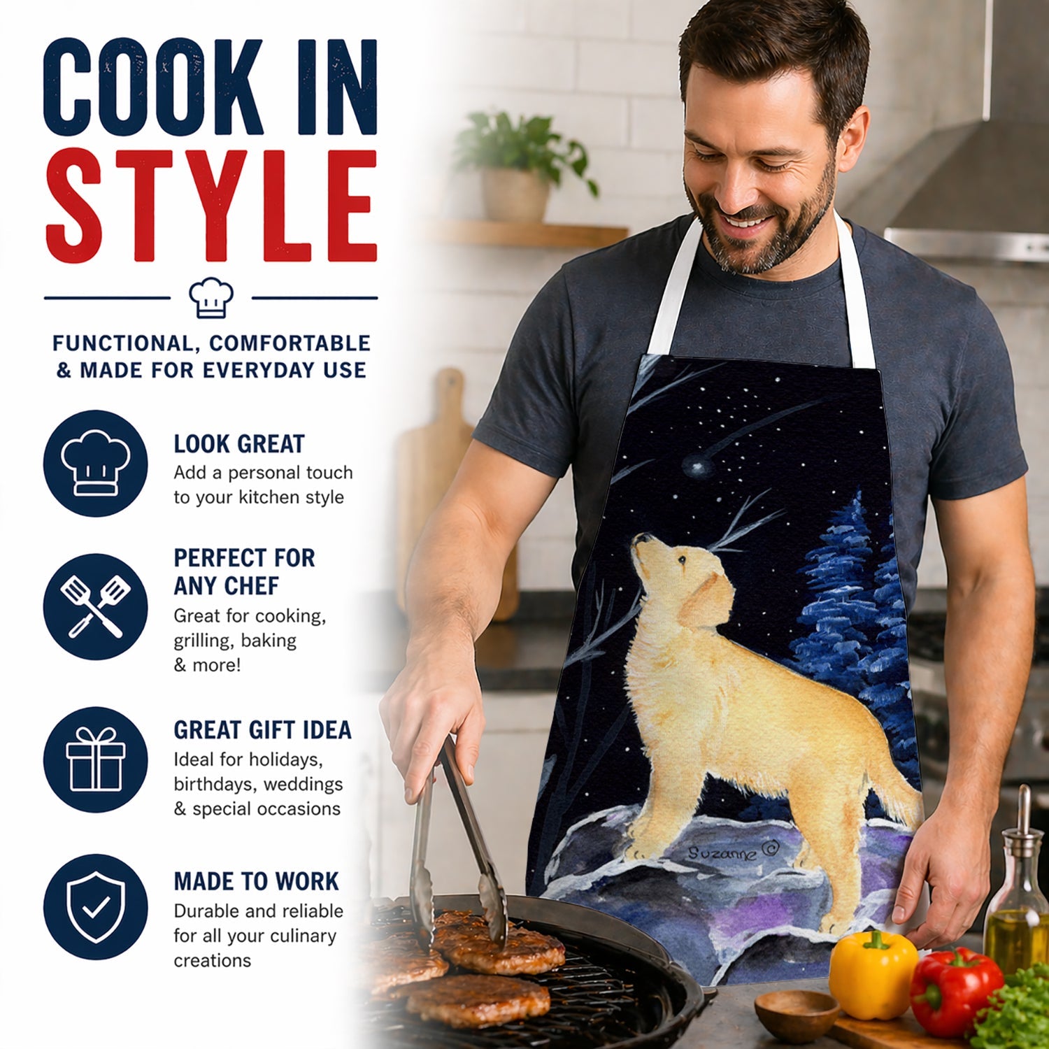Starry Night Golden Retriever Apron Cooking Kitchen Server Baking Crafts Gardening for Adult Women Men, Unisex, Large, Multicolor