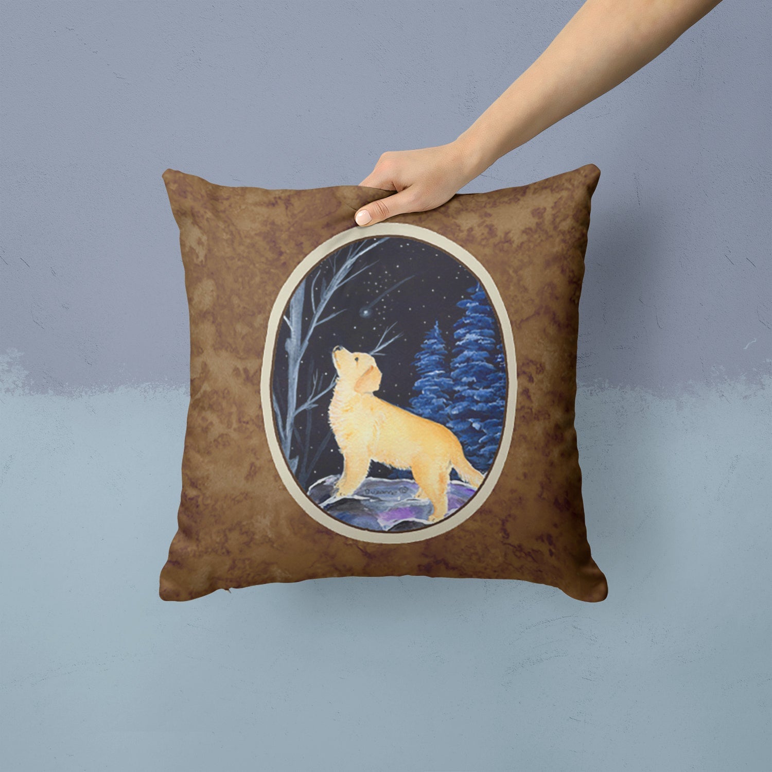 Starry Night Golden Retriever Decorative Throw Pillow 14x14 Indoor Outdoor Accent Cushion, Fabric Cover with Insert for Sofa, Bed, Porch & Living Room