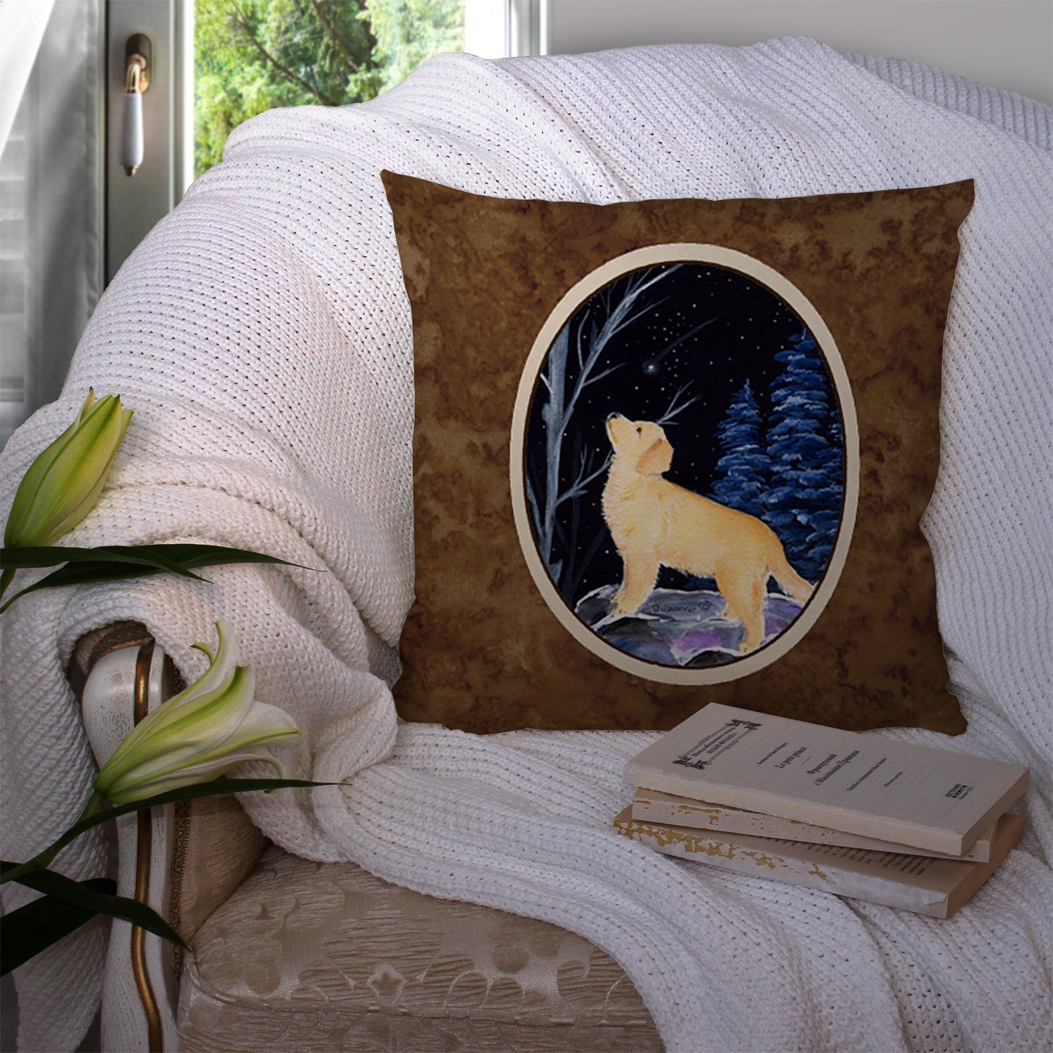 Starry Night Golden Retriever Decorative Throw Pillow 14x14 Indoor Outdoor Accent Cushion, Fabric Cover with Insert for Sofa, Bed, Porch & Living Room