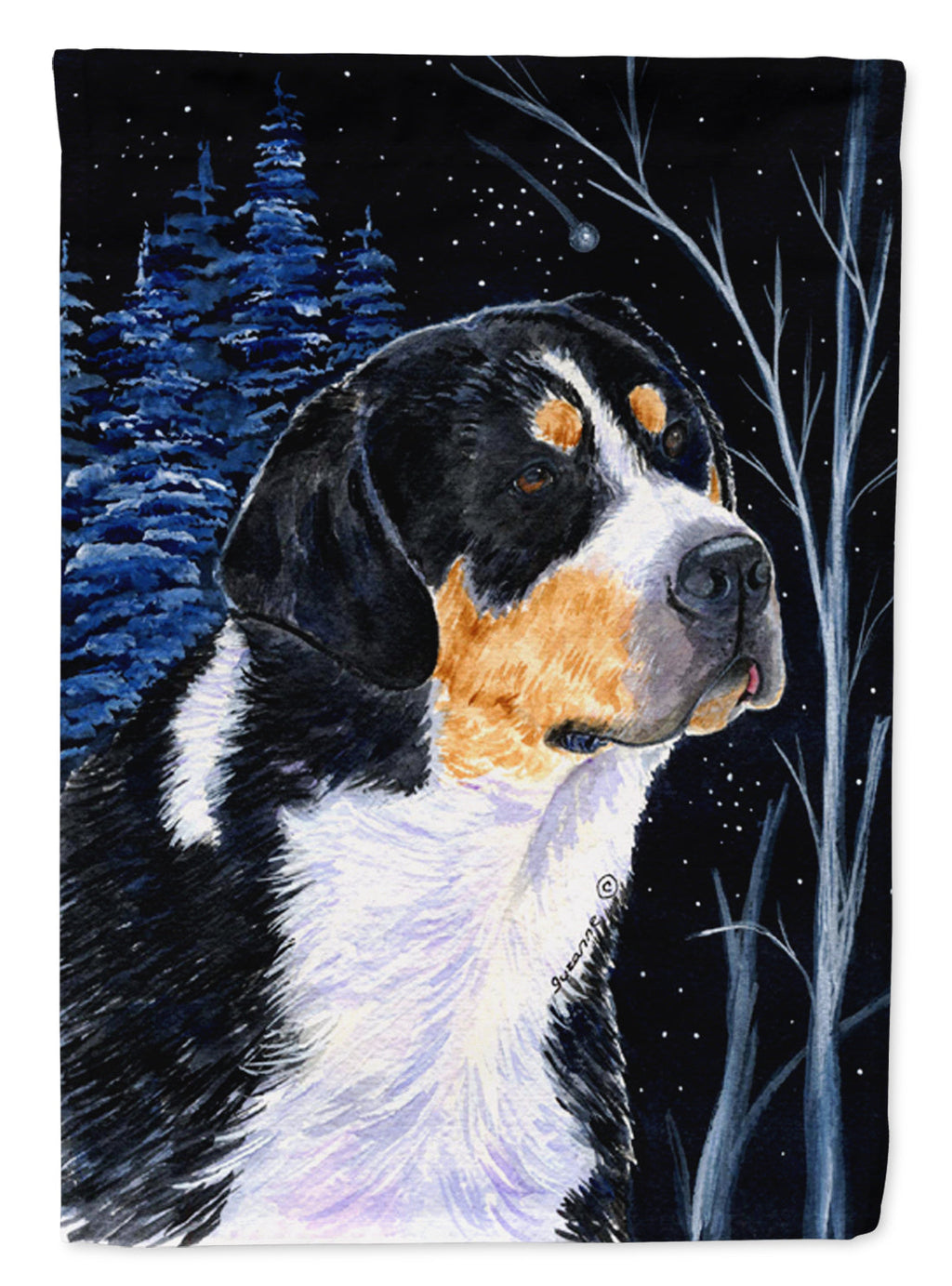 Starry Night Bernese Mountain Dog House Flag 28x40 Porch Sleeve Pole Decorative Outside Yard Banner Artwork Wall Hanging, Polyester