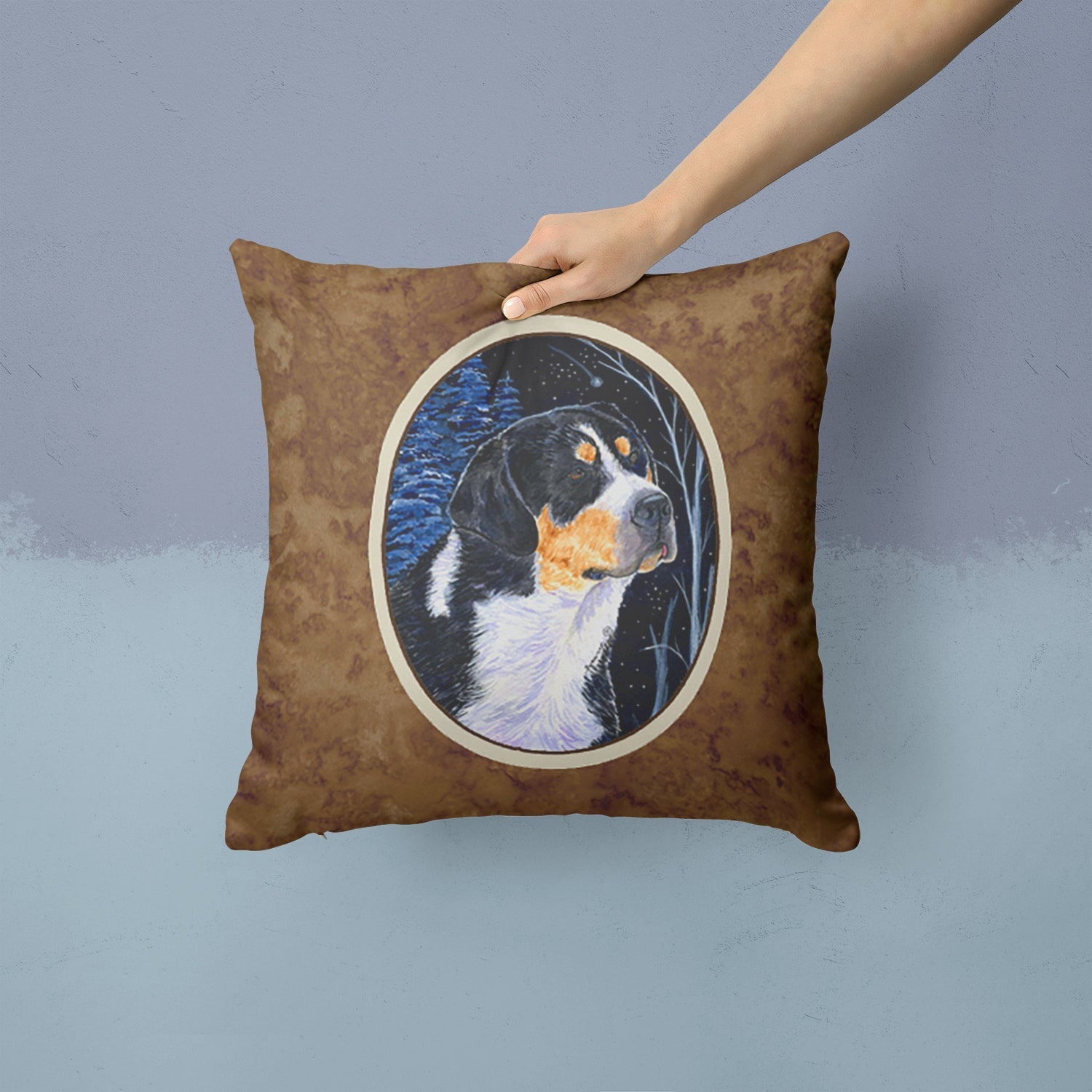 Starry Night Bernese Mountain Dog Decorative Throw Pillow 14x14 Indoor Outdoor Accent Cushion, Fabric Cover with Insert for Sofa, Bed, Porch & Living Room