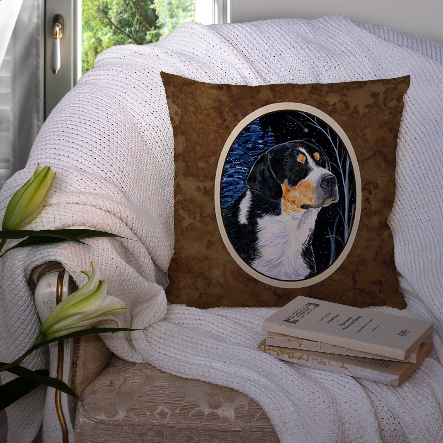 Starry Night Bernese Mountain Dog Decorative Throw Pillow 14x14 Indoor Outdoor Accent Cushion, Fabric Cover with Insert for Sofa, Bed, Porch & Living Room