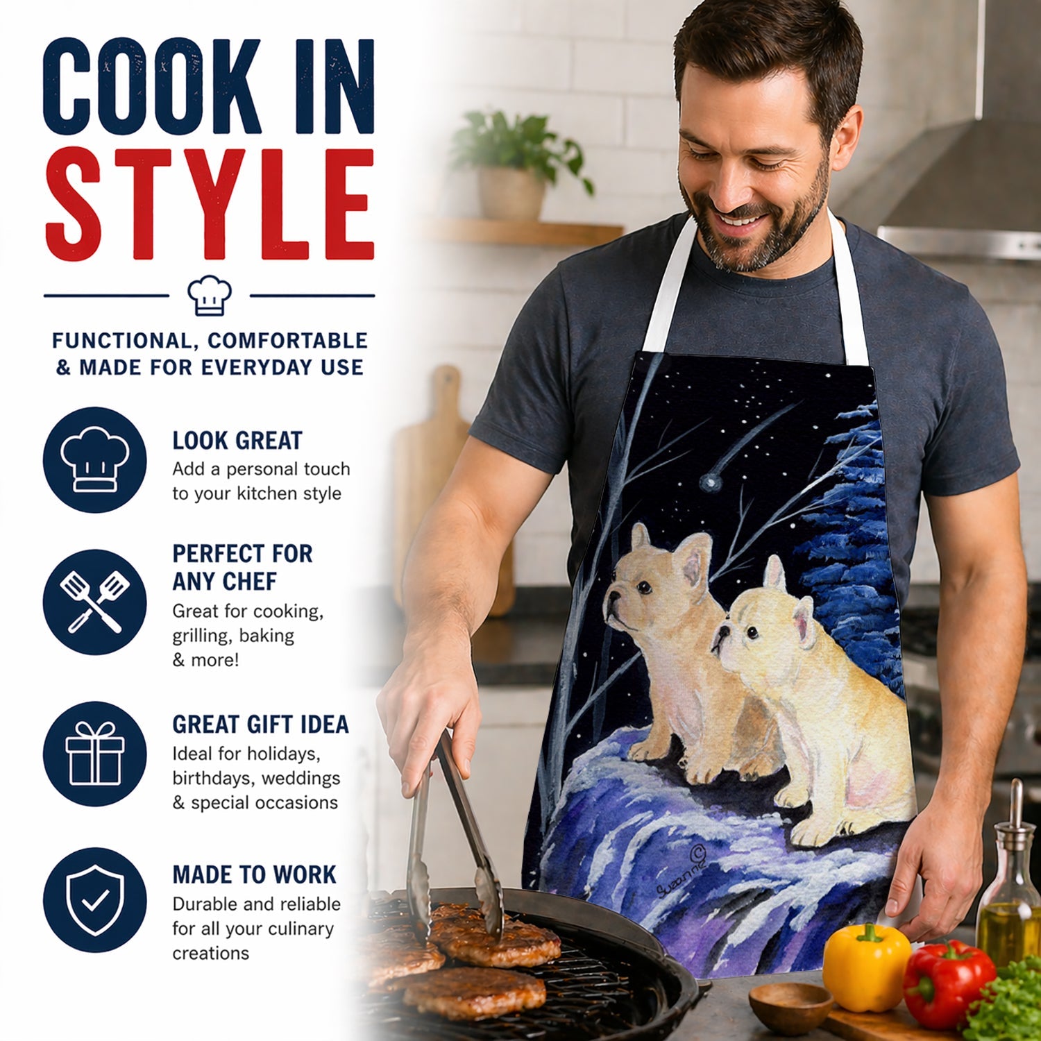 Starry Night French Bulldog Apron Cooking Kitchen Server Baking Crafts Gardening for Adult Women Men, Unisex, Large, Multicolor