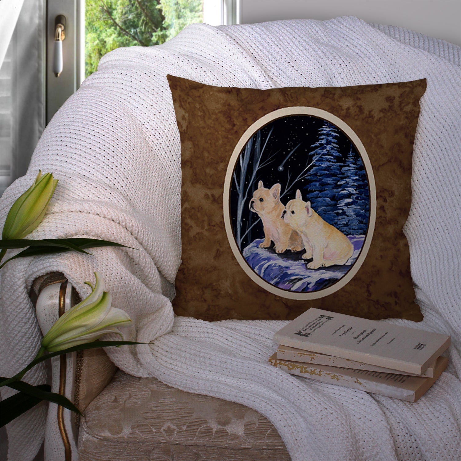 Starry Night French Bulldog Decorative Throw Pillow 14x14 Indoor Outdoor Accent Cushion, Fabric Cover with Insert for Sofa, Bed, Porch & Living Room