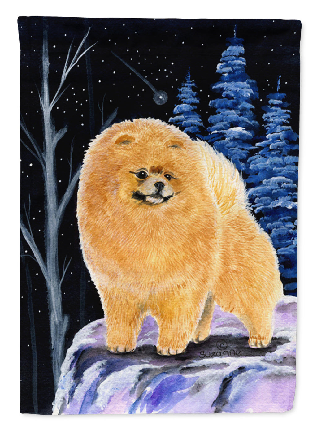 Starry Night Pomeranian House Flag 28x40 Porch Sleeve Pole Decorative Outside Yard Banner Artwork Wall Hanging, Polyester