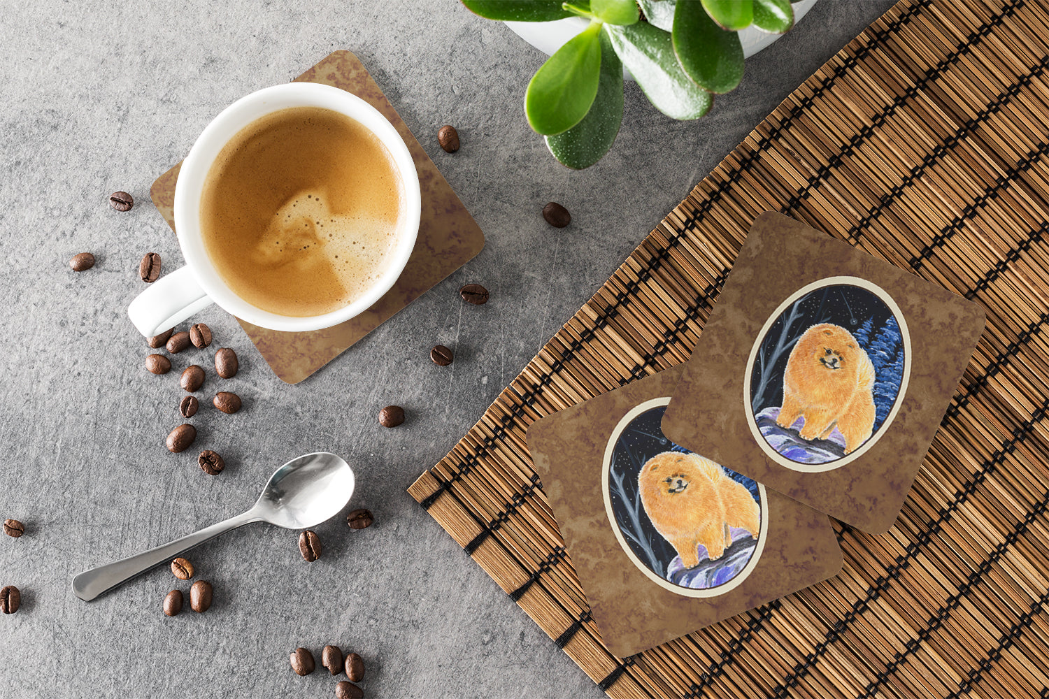 Starry Night Pomeranian Foam Coasters Set of 4 Cup Coasters for Indoor Outdoor, Tabletop Protection, Anti Slip, Mouse pad Material