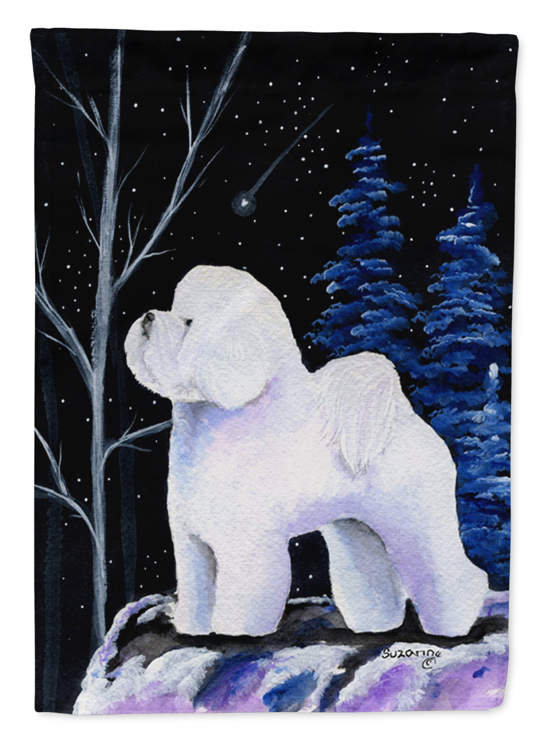 Starry Night Bichon Frise House Flag 28x40 Porch Sleeve Pole Decorative Outside Yard Banner Artwork Wall Hanging, Polyester