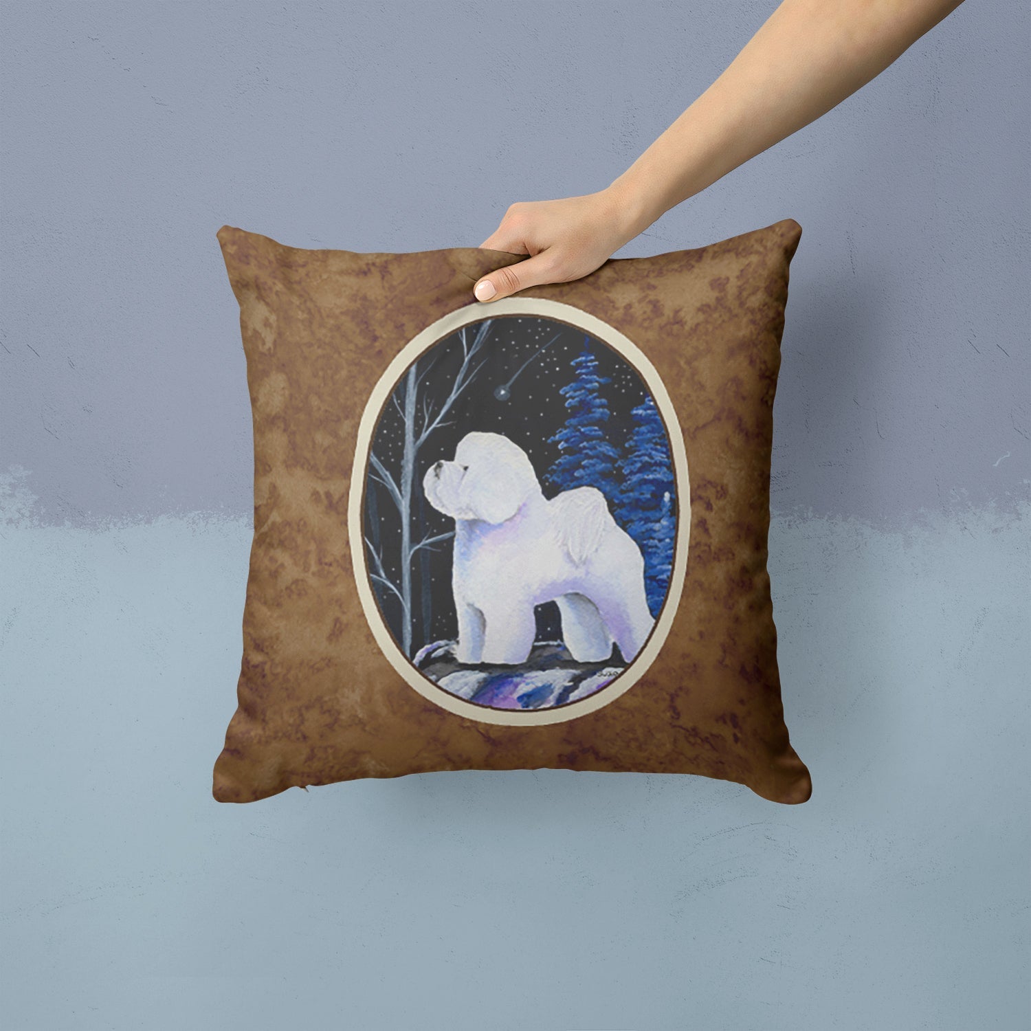Starry Night Bichon Frise Decorative Throw Pillow 14x14 Indoor Outdoor Accent Cushion, Fabric Cover with Insert for Sofa, Bed, Porch & Living Room