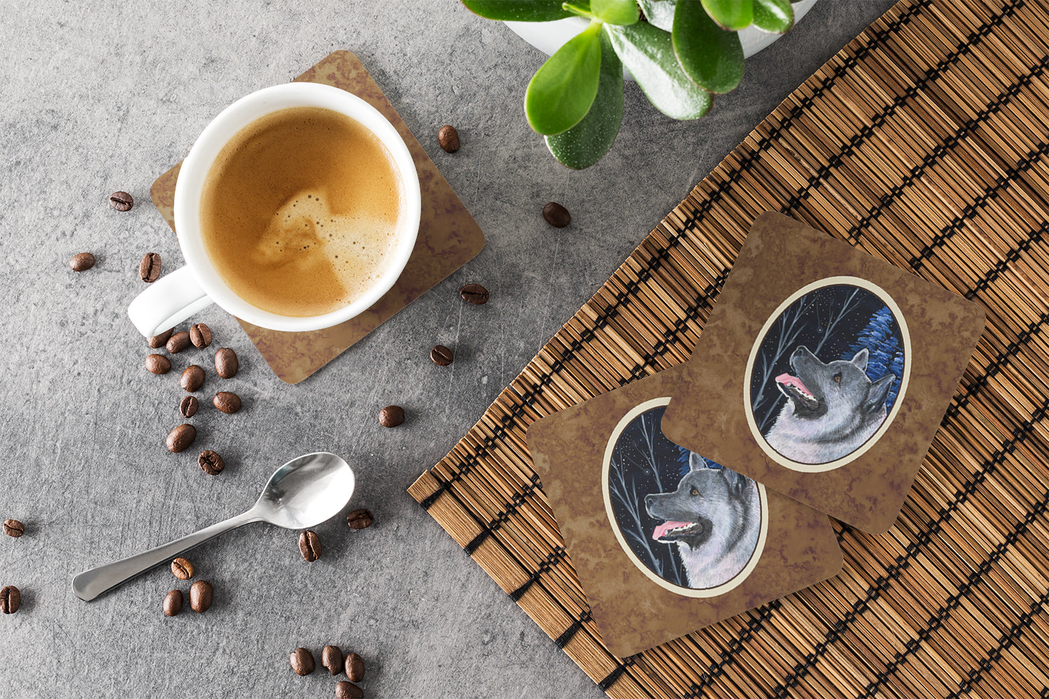 Starry Night Norwegian Elkhound Foam Coasters Set of 4 Cup Coasters for Indoor Outdoor, Tabletop Protection, Anti Slip, Mouse pad Material